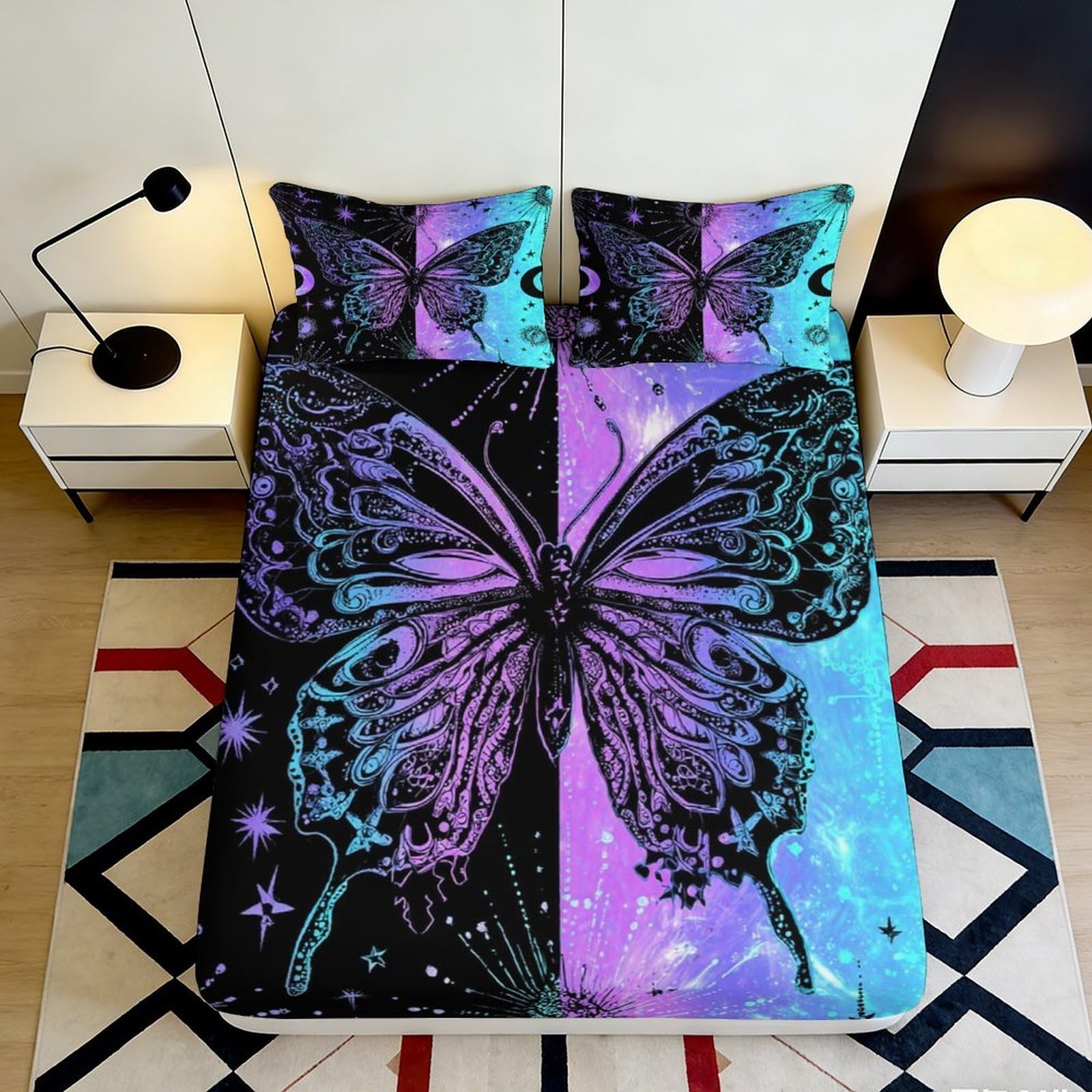 Uxinyoume Style-8 3D Printed Purple Butterfly Fitted Sheet Microfiber Soft Bed Cover Blue Black Artistic Mattress Protector For Bedroom Guest Room Decor 90X200x25cm