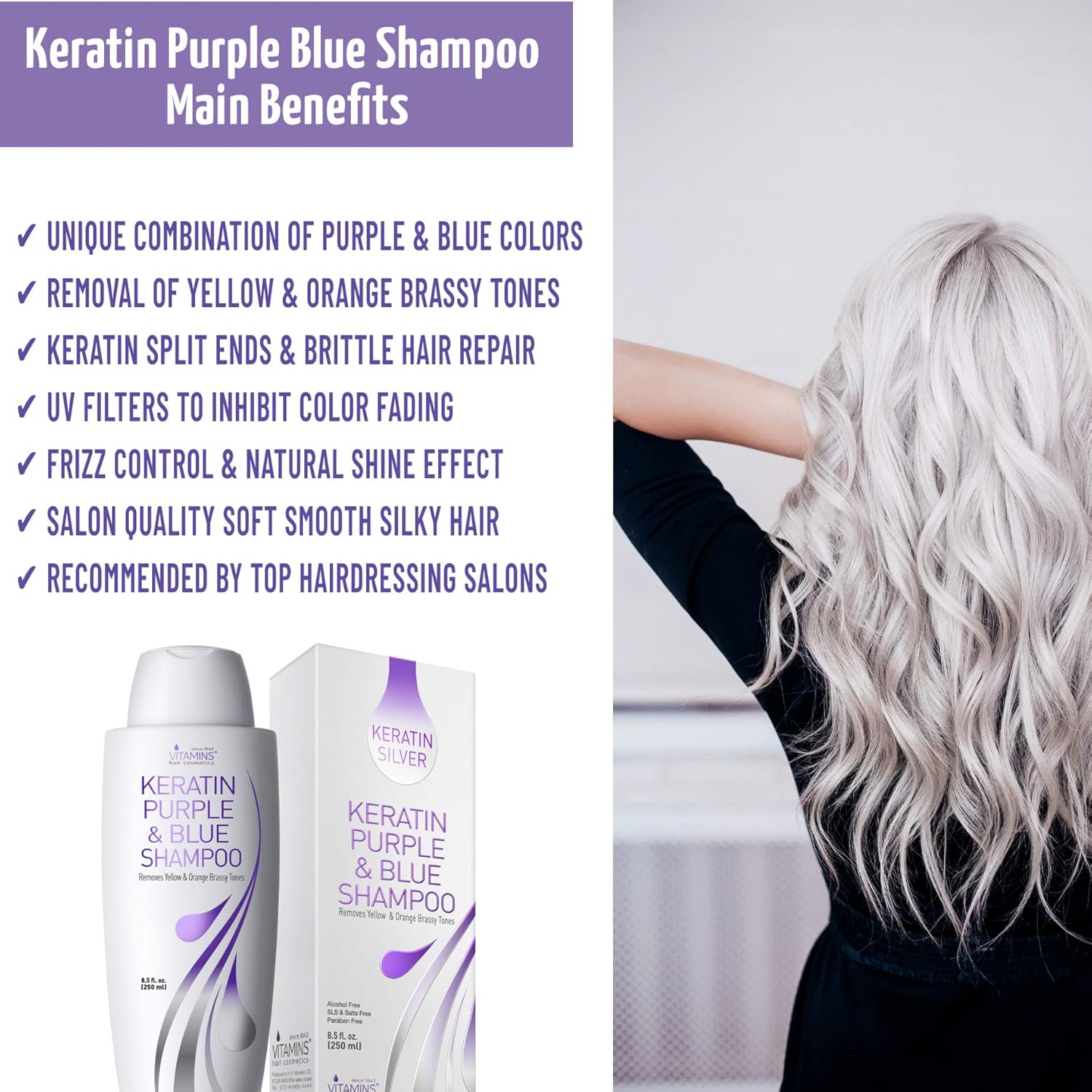 VITAMINS hair cosmetics Purple Shampoo for Blonde Locks, Blonde Hair Toner for Brassy Hair, Blue Shampoo Removes Brassy Tones - Image 5