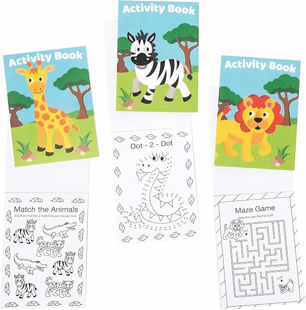 Baker Ross FE541 Jungle Animal Mini Actvity Books - Pack of 12, Includes Puzzles, Stickers, Dot to Dot and Colouring Pages for Kids
