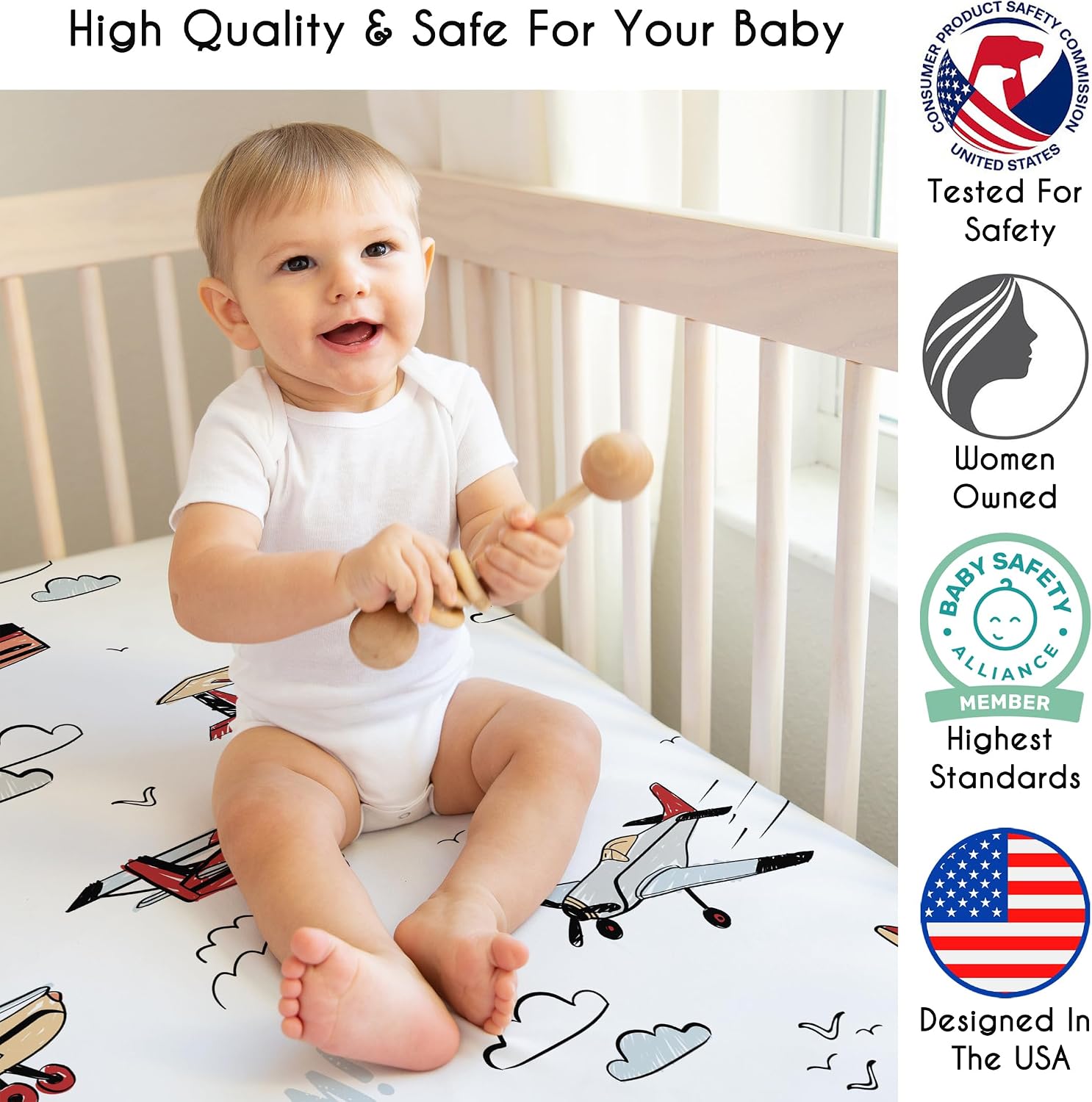 Sweet Jojo Designs 3-Piece Baby Crib Sheets Set (Vintage Airplane) for Boys, Infant Nursery, Toddler Room - Fitted, Standard Size (Blue Clouds, Solid Slate & Air Plane Transportation Aviator Aviation)