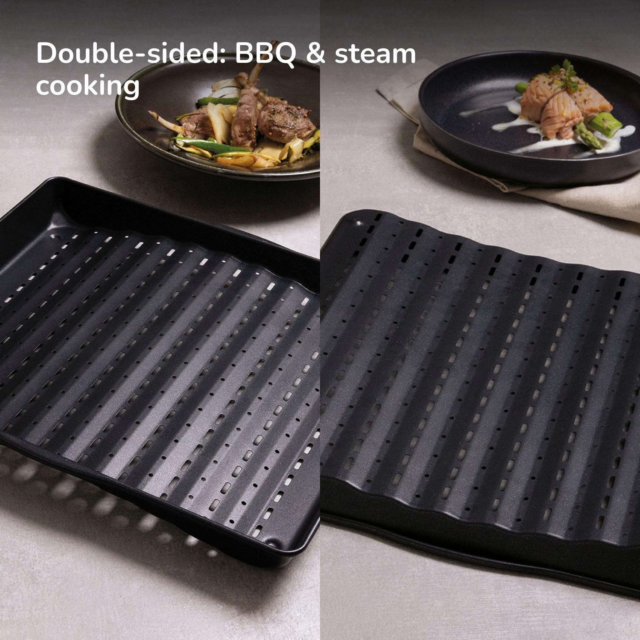 Haier Blacha do pieczenia 2 w 1 - wielofunkcyjny produkt do grillowania i gotowania na parze o unikalnej wklęsłej/wypukłej konstrukcji do rozszerzania możliwości gotowania, 32 x 37,6 cm