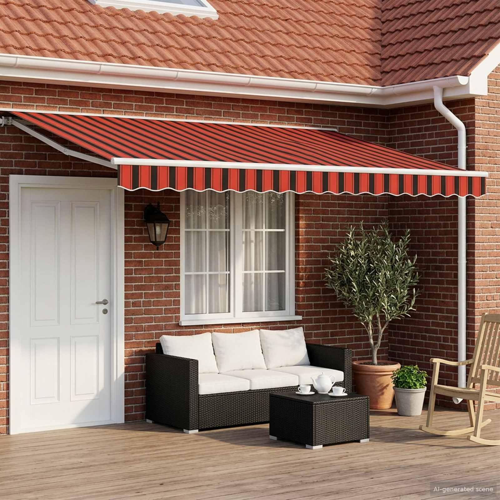mtlskopl Markise 5x3,5m Orange Schwarz Gelb Halbkassette Polyester Stahl/Alu manuell oder Elektro Garten Terrasse Balkon