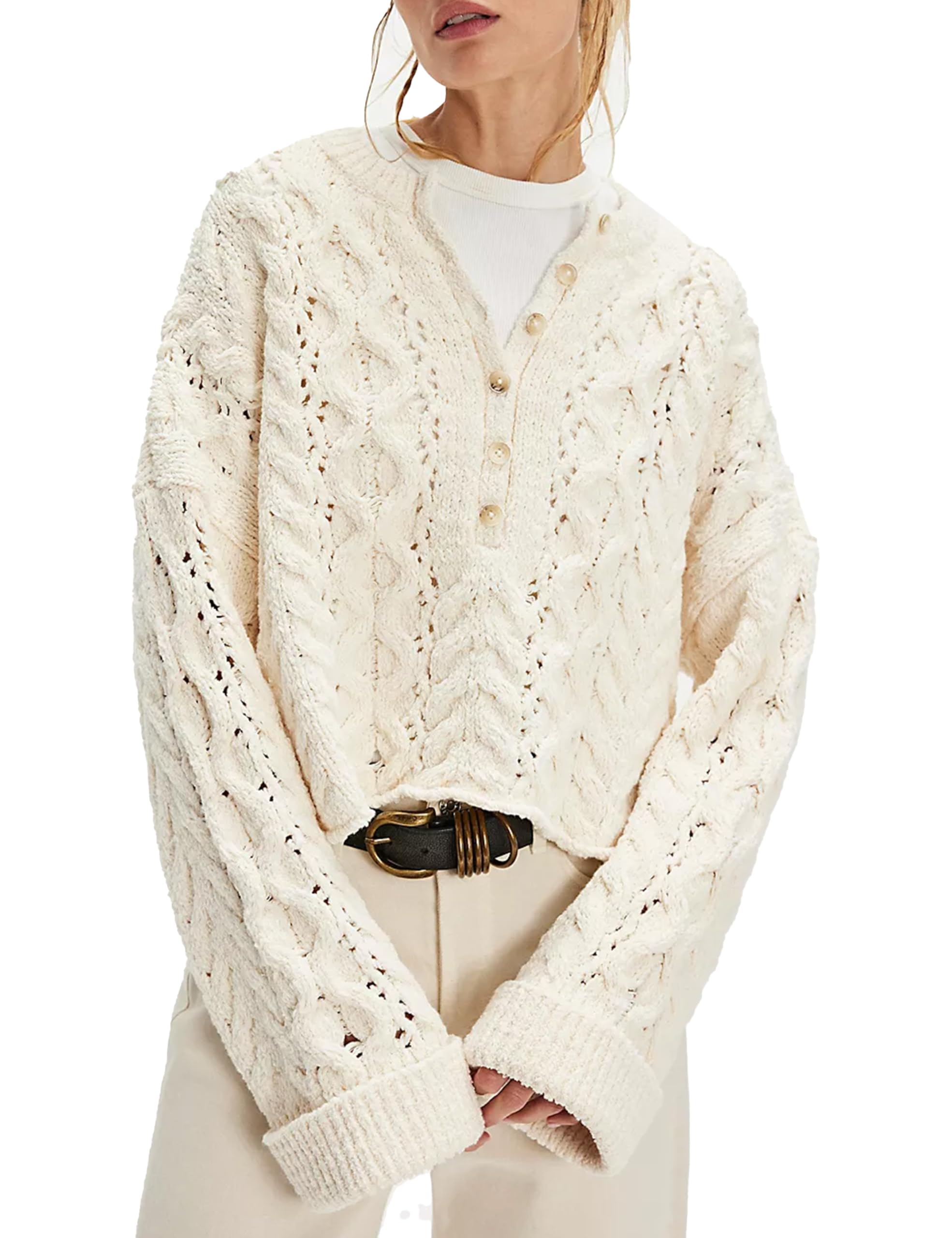 Womens Chunky Cable Knit Sweater Casual Long Sleeve Crewneck Crochet Pullover Boho Fall Winter Tops
