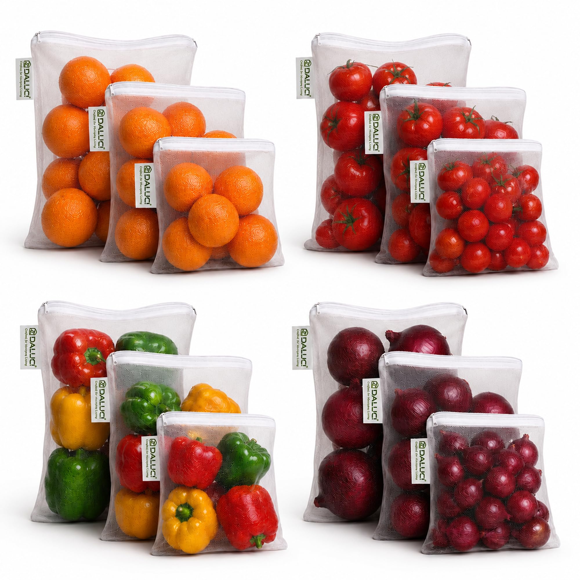 DALUCI Vegetable Bags for Fridge Set of 12 Reusable Fridge Storage Bags for Vegetables and Fruits with Zipper Dual Layer Mesh Vegetable Storage Bags Multi Size Refrigerator Organizer Bags (White)