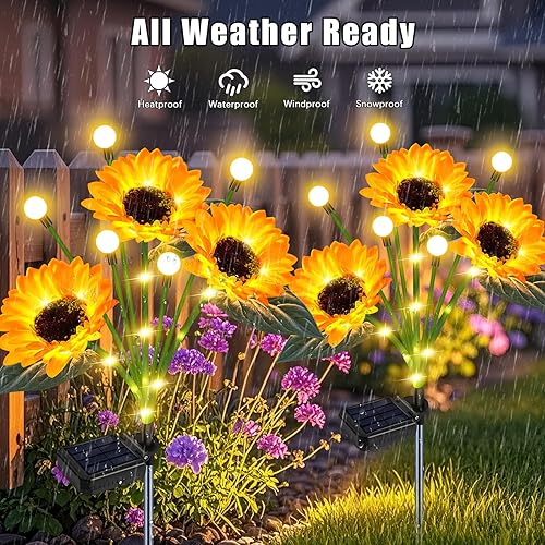 Miniatura 7 de Luces solares con forma de girasol para jardín al aire libre, luces solares mejoradas con forma de girasol y luces de luciérnaga, impermeables,