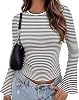 Camisetas de manga larga con campana para mujer, cuello redondo, tejido de costilla 1