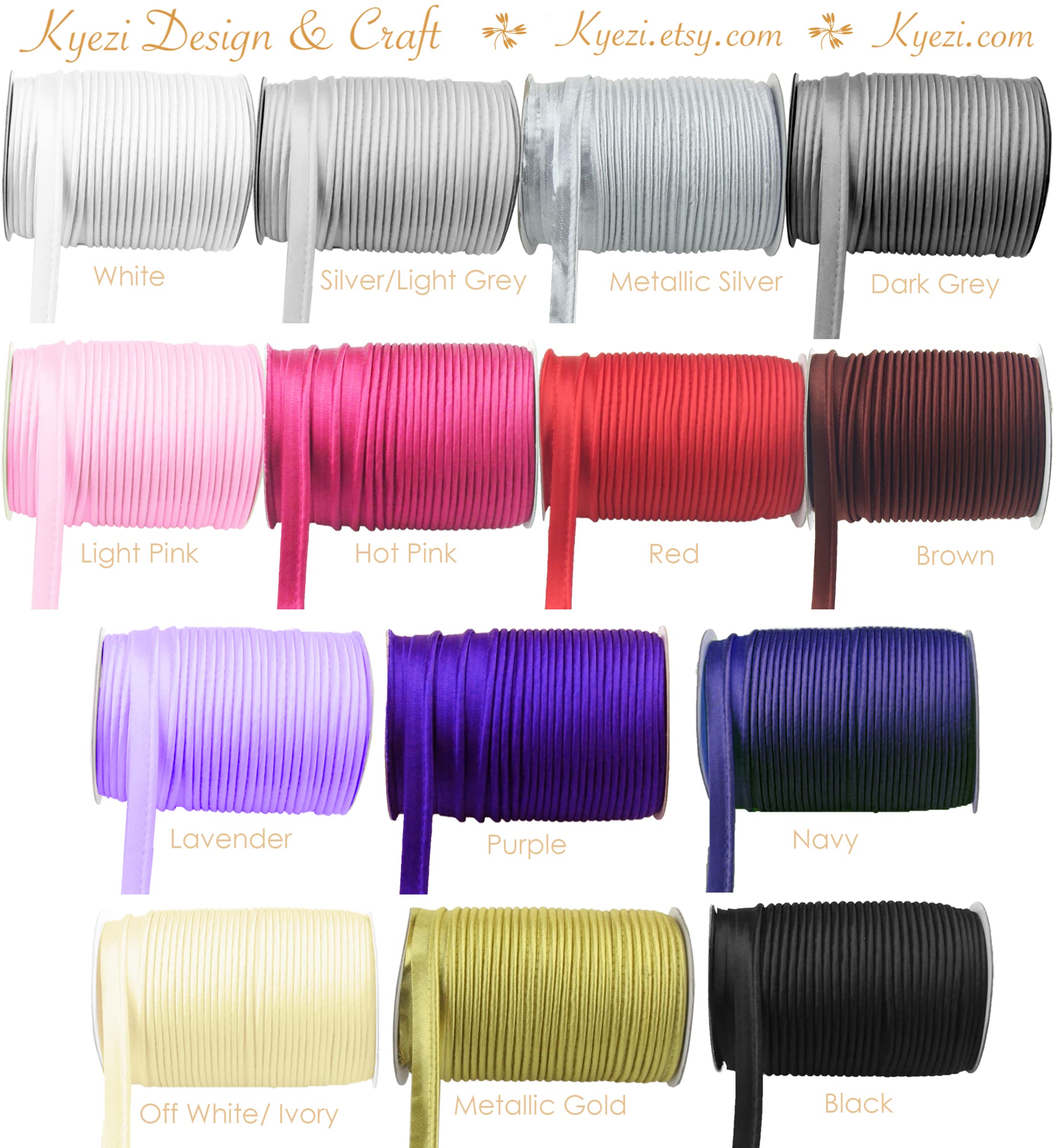 1/8 inch 3mm Cord-Edge Piping Satin Trim, Lip Cord Piping by The Yard, Trim for Clothing Pillows, Lamps, Draperies (White, 10 Yards)