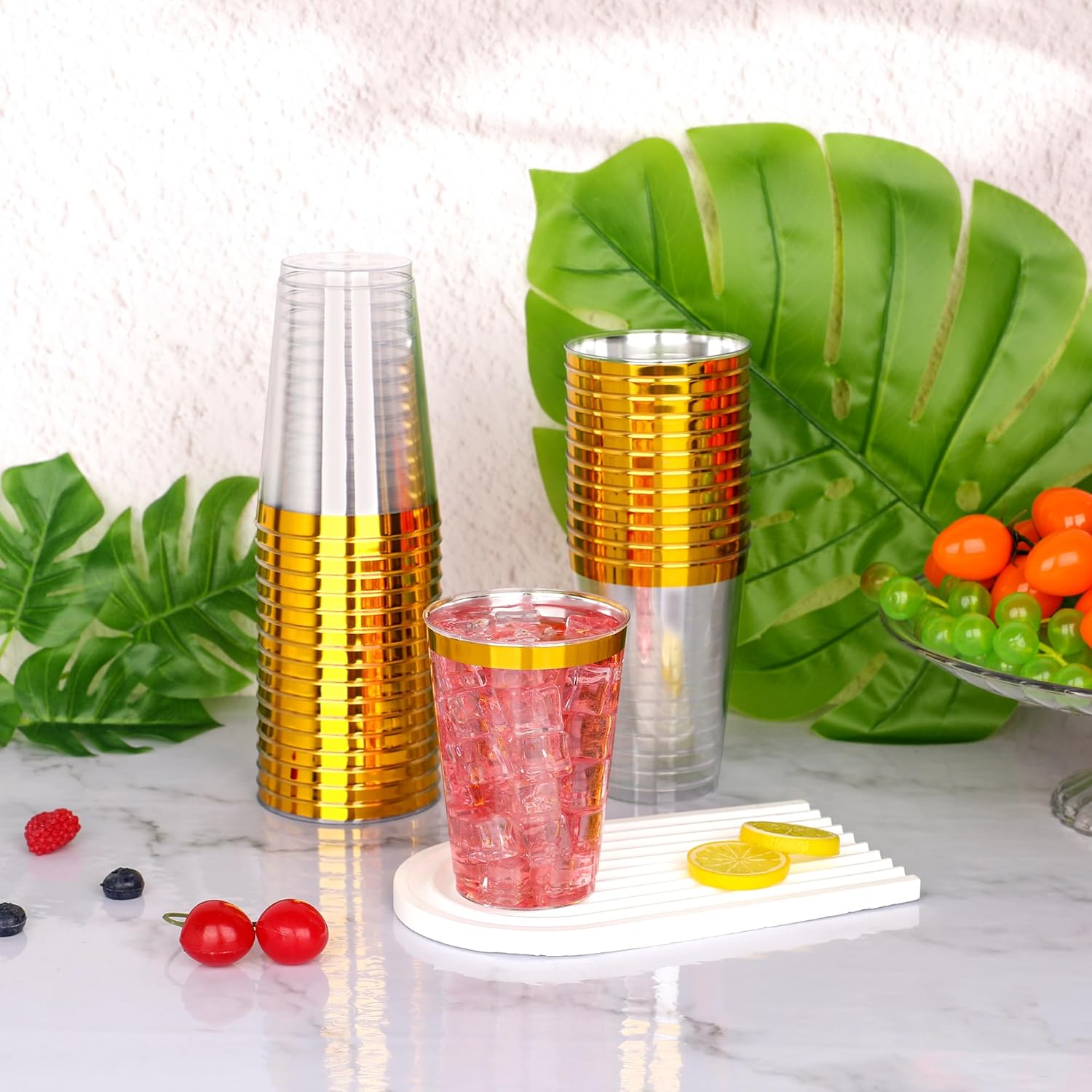 200 Pcs Gold Plastic Cups,12oz Gold Rimmed Plastic Cups,Heavy Duty Disposable Plastiic Wine Glasses Cocktail Glasses Premium Cup with Gold Rim for Party,Wedding,Christmas - Image 5