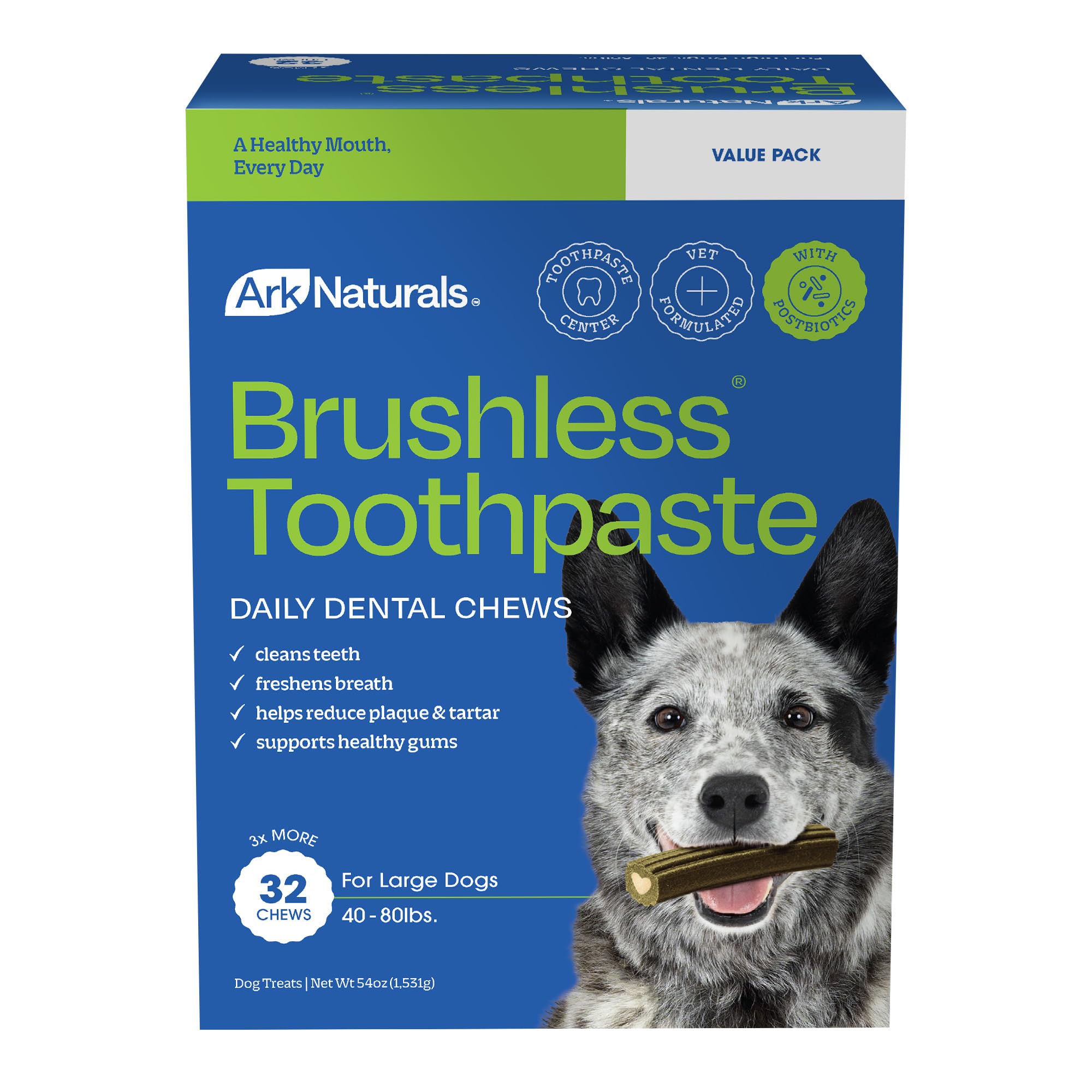 Ark Naturals Brushless Toothpaste Dog Dental Treats - Large Breeds (32 ct)