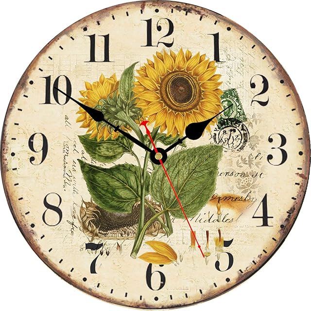TAHEAT 14 Inch Beautiful Sunflower Wall Clock, Vintage Country Floral Silent Non ticking Clocks, Wooden Round Easy to Read Wall Clock for Kitchen/ Living Room/ Bedroom/ Bathroom