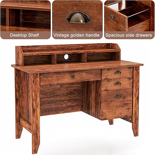 Miniatura 31 de WATERJOY Escritorio para computadora de 48 pulgadas con 4 cajones de almacenamiento y mesa ejecutiva de madera para mesa de computadora portátil