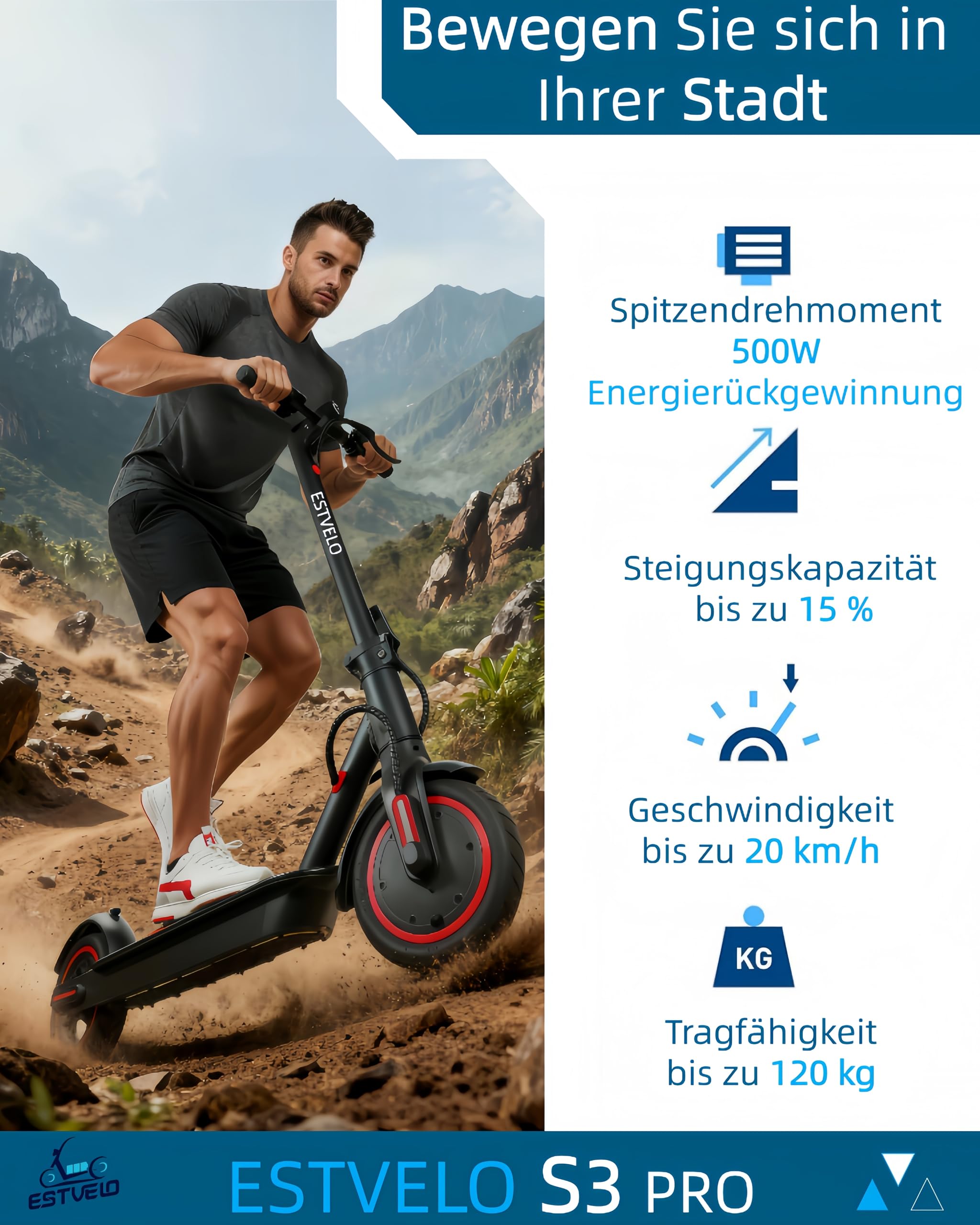 E-Scooter mit Luftreifen, S3 PRO Elektroroller 20km/h - 15% Steigung, 30km Reichweite, 120kg Belastung, Duales Bremssystem, Display, App, E Roller für Erwachsene