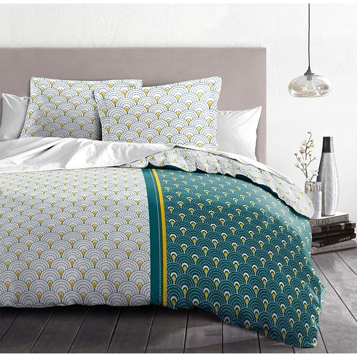 Home Linge Passion | Housse de Couette - 3 Pièces | 100% Coton - 57 Fils | 2 Personnes - 240x260 cm | Rainbow Bleu-Vert Curry