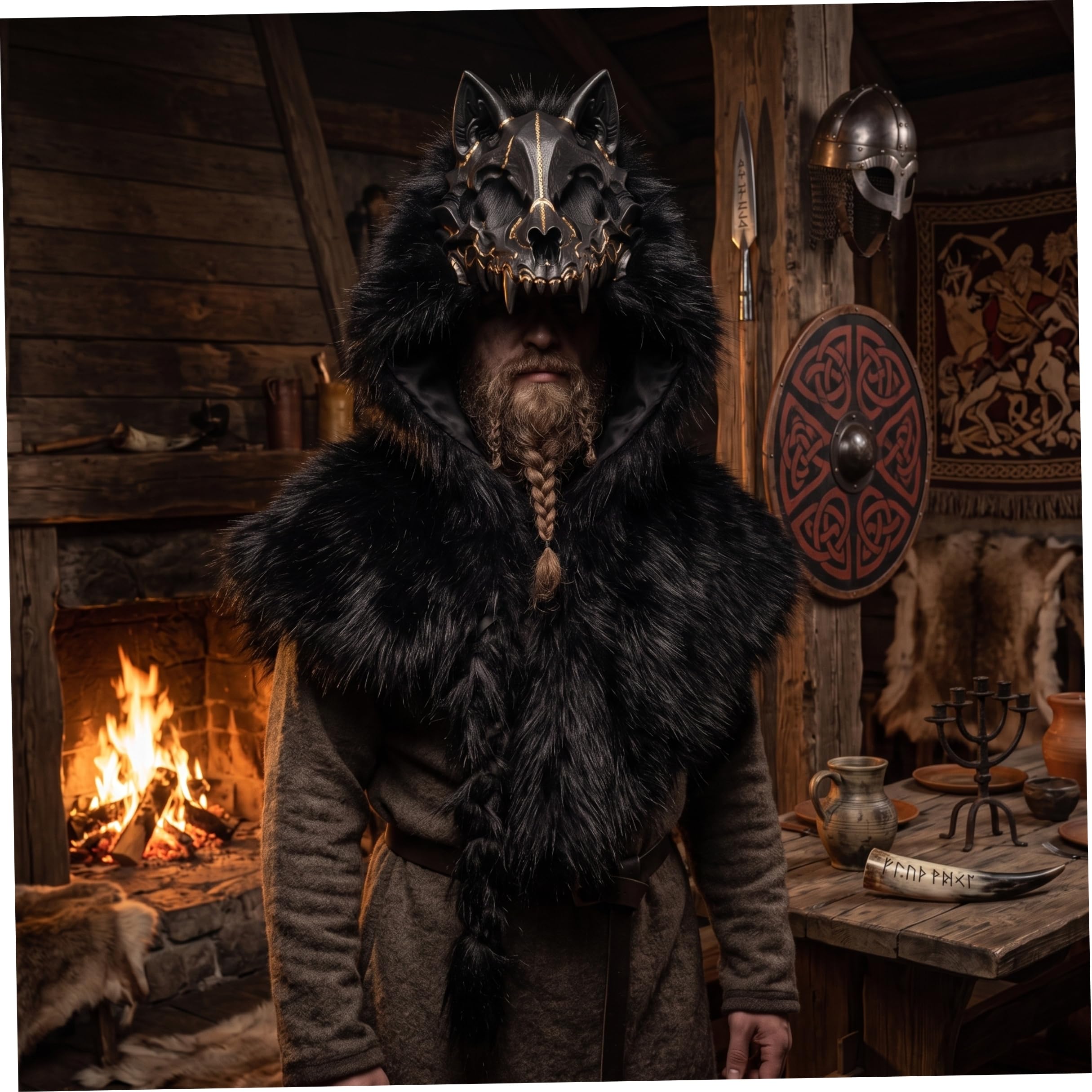 Costume di Halloween Costume da da vichingo Cosplay Mantello da spalla nero