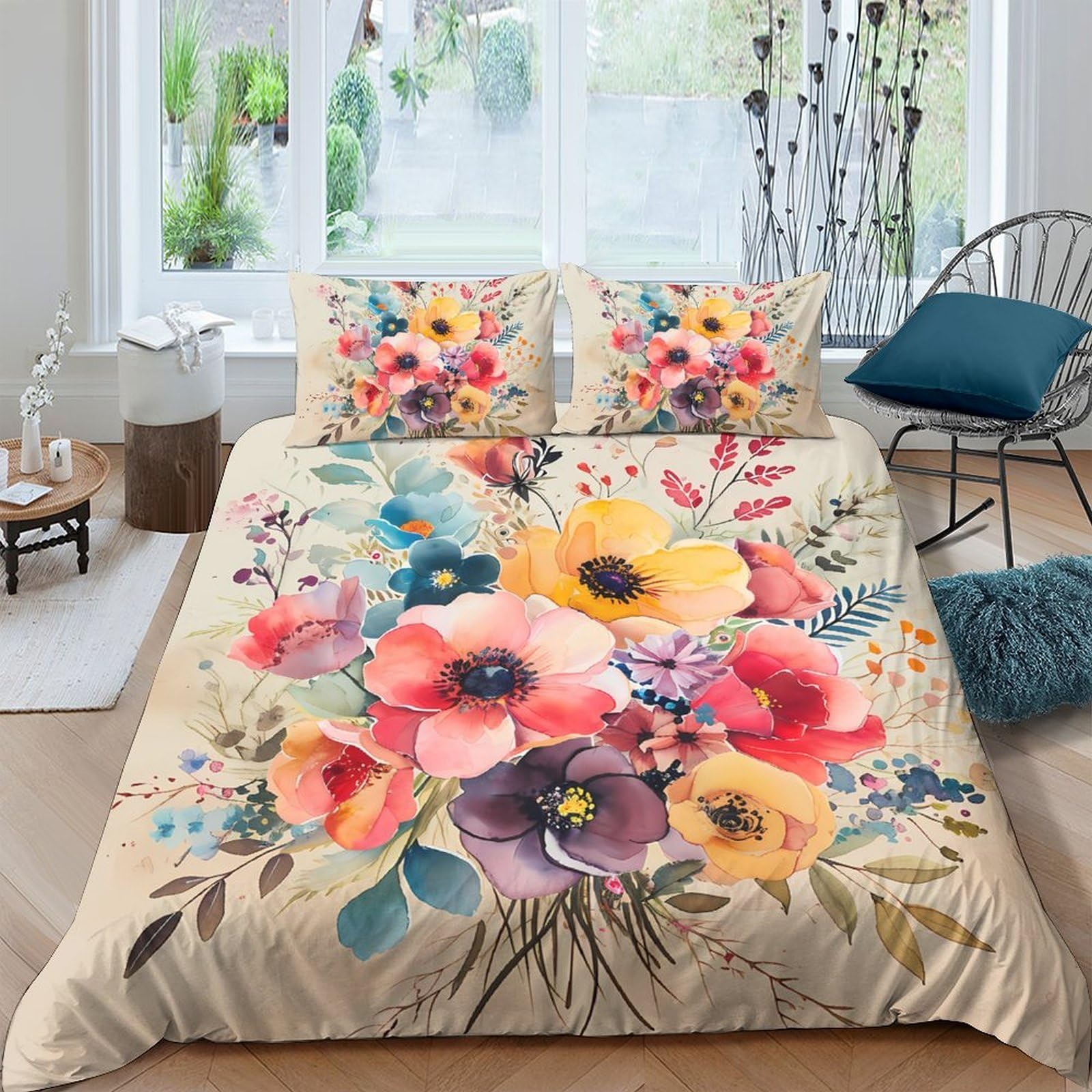 Ctjqhvkz Style-1 3D Printed Watercolor Floral Fitted Sheet Microfiber Colorful Bloom Bed Cover For Bedroom Dorm Mattress Protection Decor Single（135X200cm）