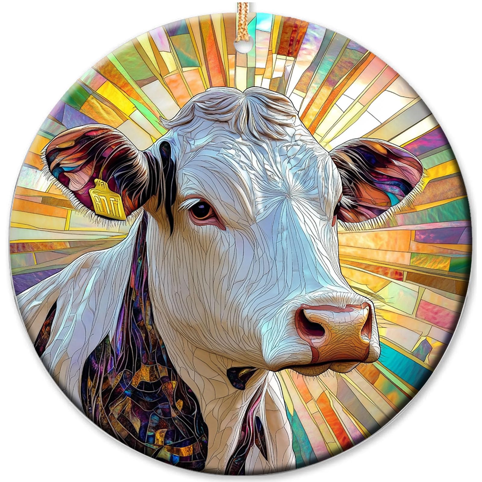 Dairy Cow Sunshine Ornament Printed Round Ceramic Decorative Hanging Ornament for Festival Christmas Tree and Memorial Wedding 2.87inch-4
