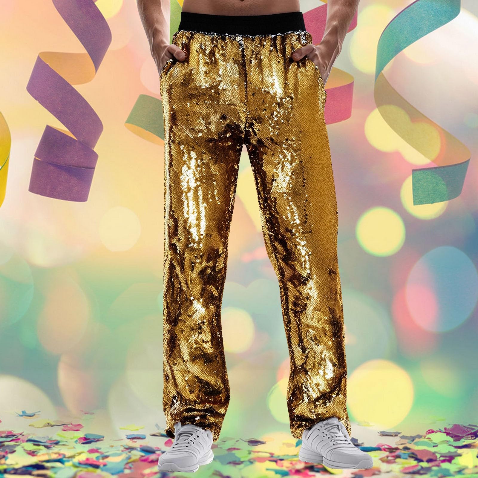 Pantalones de lentejuelas para hombre con purpurina, metálicos, largos, brillantes, de los años 70, traje de discoteca, cintura elástica, pantalones de ocio, actuaciones escénicas, pantalones