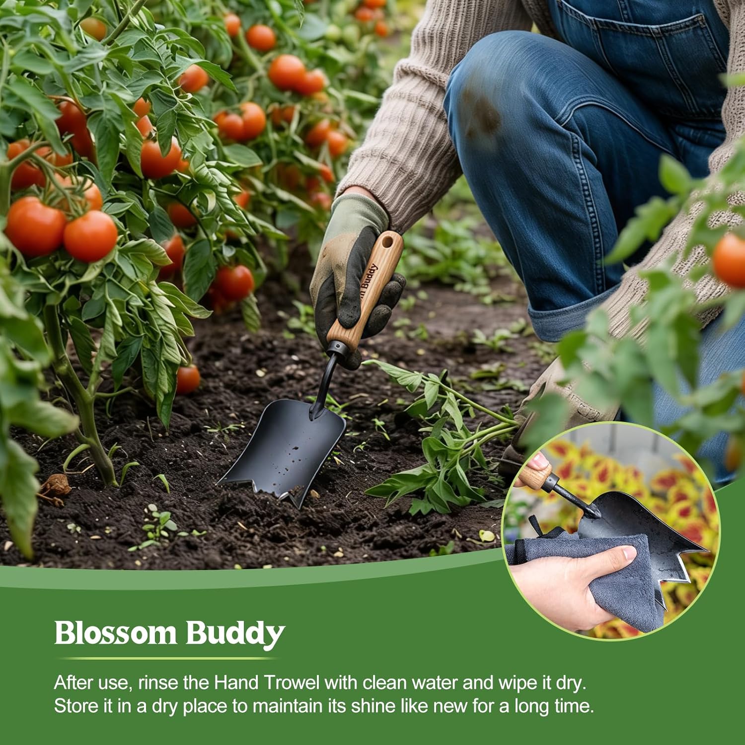 Wooden Handle Garden Tulip Trowel, Black Metal Head Hand Weeder with Ergonomic Design for Gardening