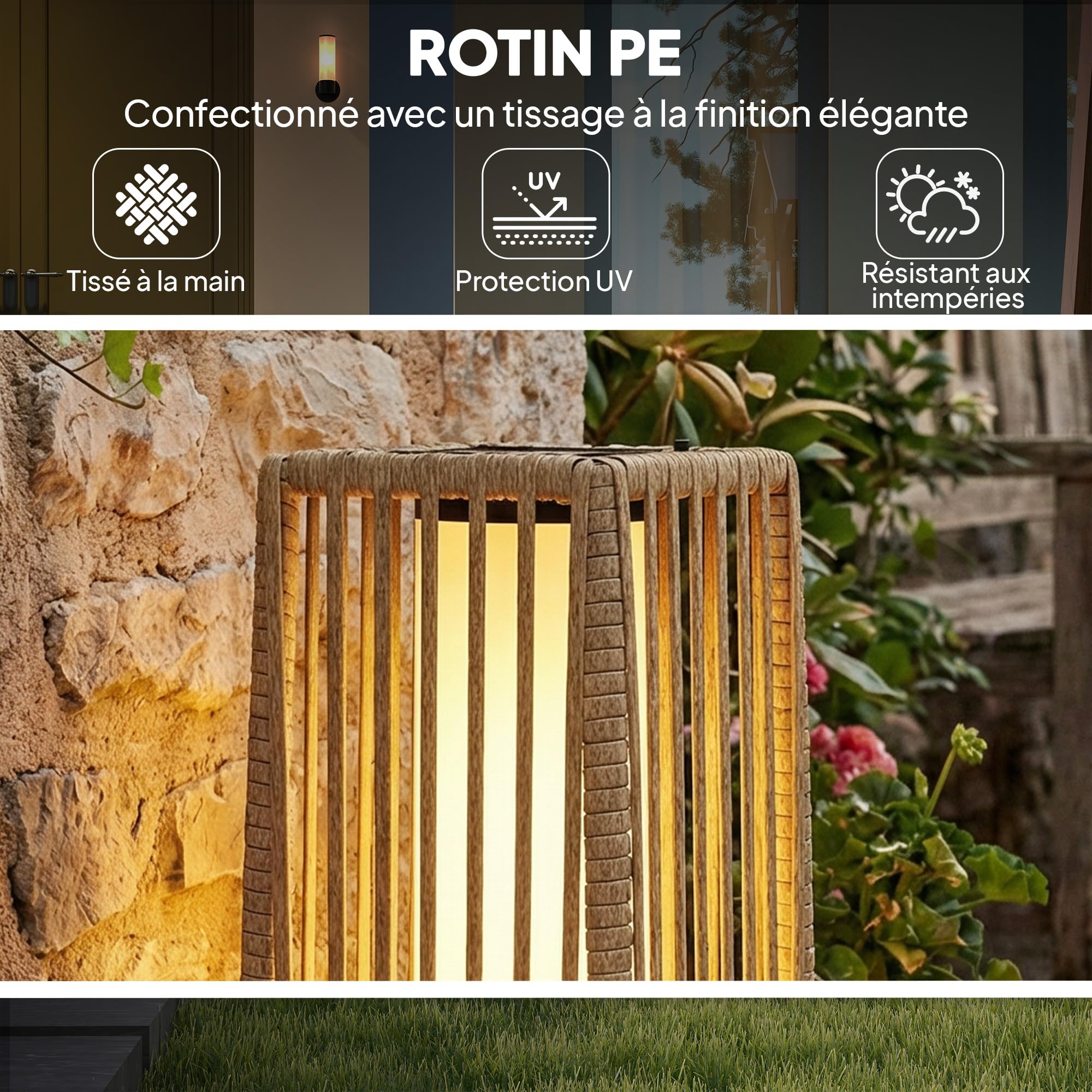 Outsunny Lanterne Solaire Extérieure en Résine Tressée, Lampadaire LED Rechargeable avec Capteur de Lumière pour Jardin