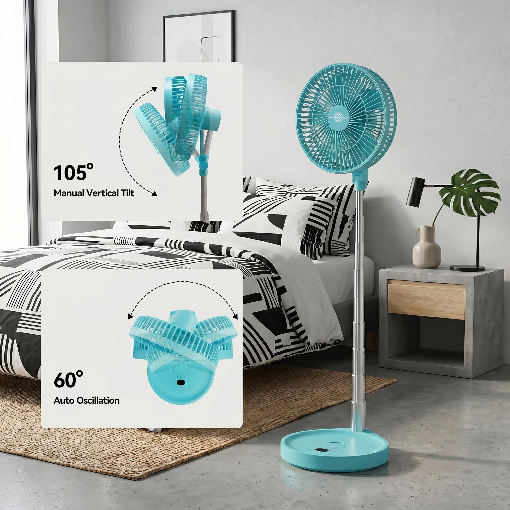 Ventilatore portatile ricaricabile a piedistallo, ventilatore pieghevole H6 da tavolo e da tavolo, 16000 mAh, design pieghevole senza fili con telecomando, 5 velocità, flusso d'aria