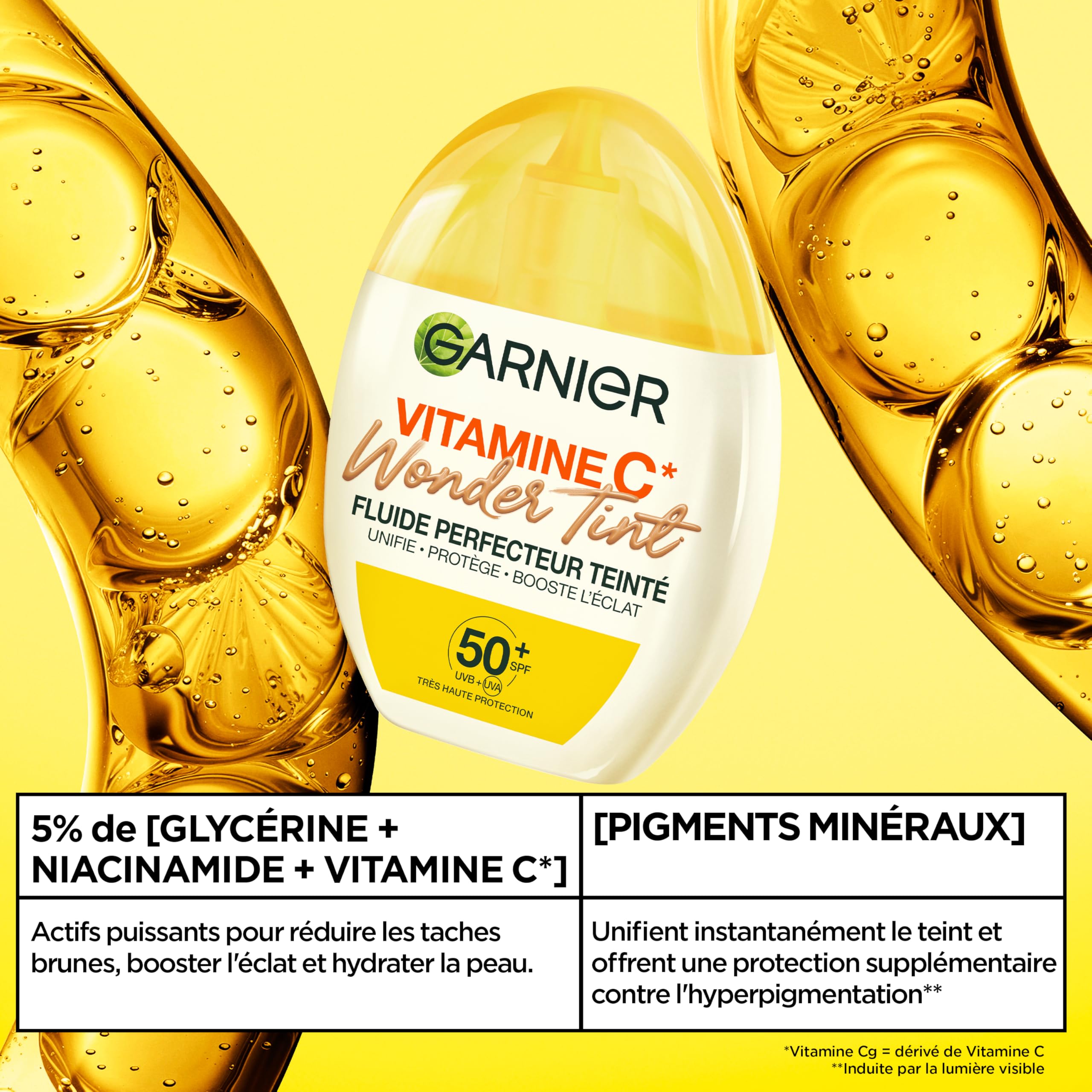 GARNIER - SkinActive Vitamine C - Fluide Perfecteur Teinté Wonder Tint SPF50+ - Soin Teinté Visage Protecteur - Unifie, Hydrate & Réduit les Taches Brunes - Tous Types de Peaux - Teinte Medium - 40 ml