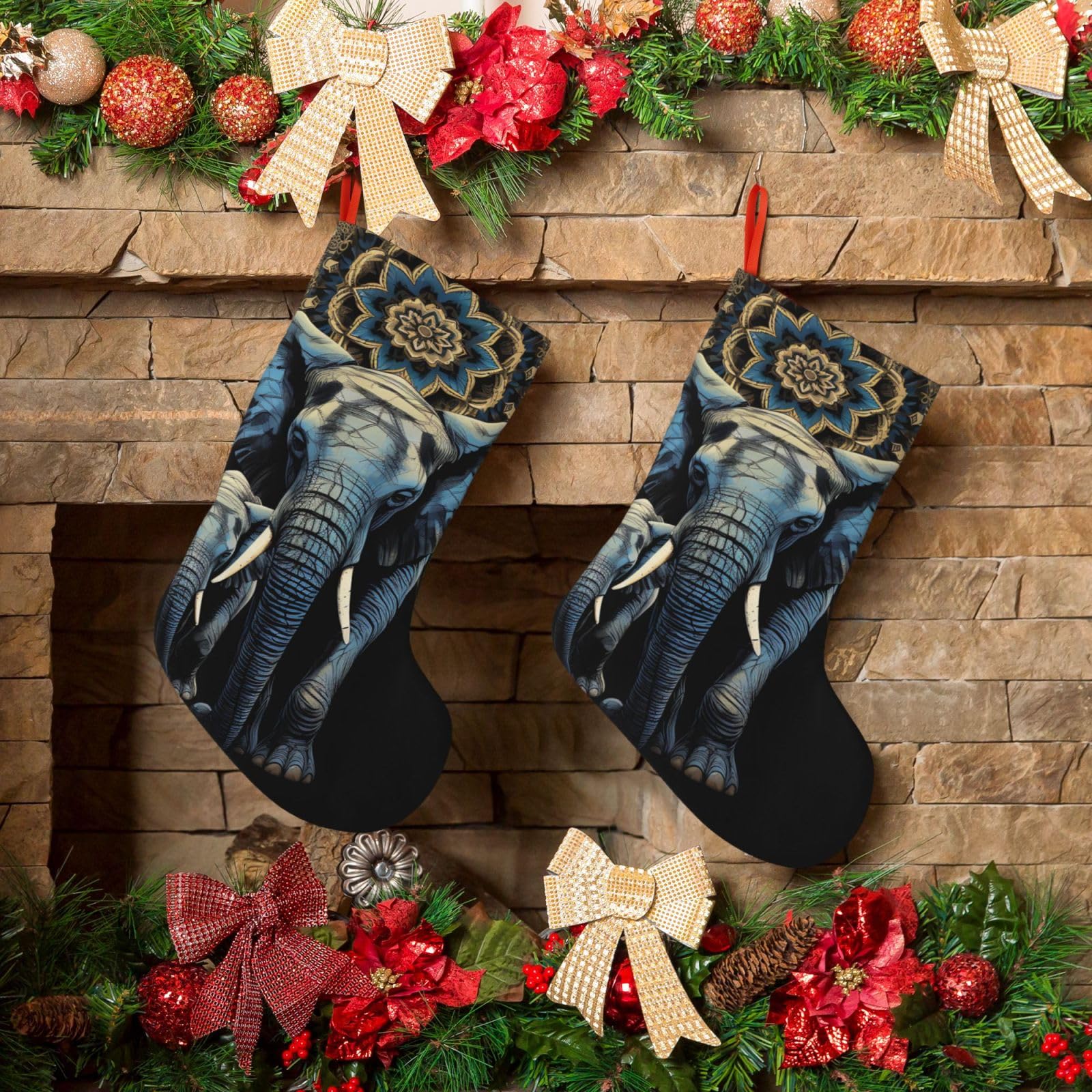 KLOPH Christmas Stockings 18" Personalized Xmas Stocking Two Elephants Decoration Stockings Hanging Ornaments Fireplace Stocking for Holiday Xmas Tree Christmas Decor