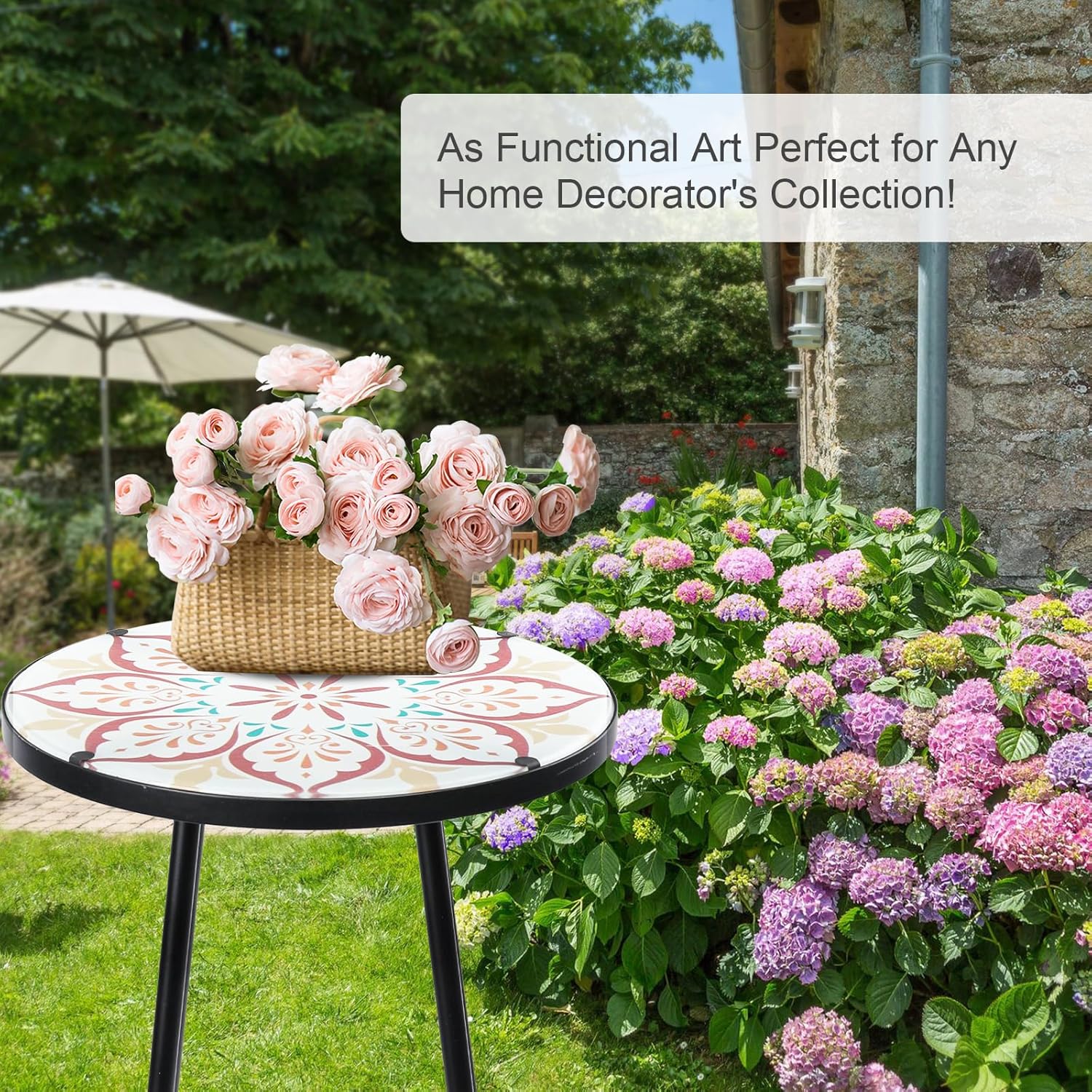 VCUTEKA Patio Side Table Outdoor Accent Table Bistro Coffee Table Plant End Table Small Porch Table Indoor Round Glass Balcony Plant Table Stands Khaki Flower 12 inches