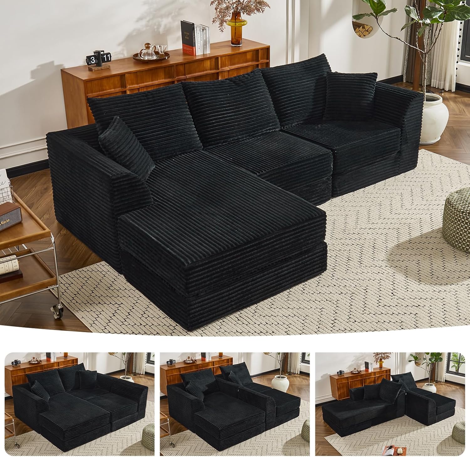 106" Sectional Couches for Living Room，L Shaped Cloud Couch Modular Sectional Sofa ，Modern Fabric Boneless Couch with Deep Seat，2 Seater + 1 Chaise Longue Corduroy Couches, No Assembly Required