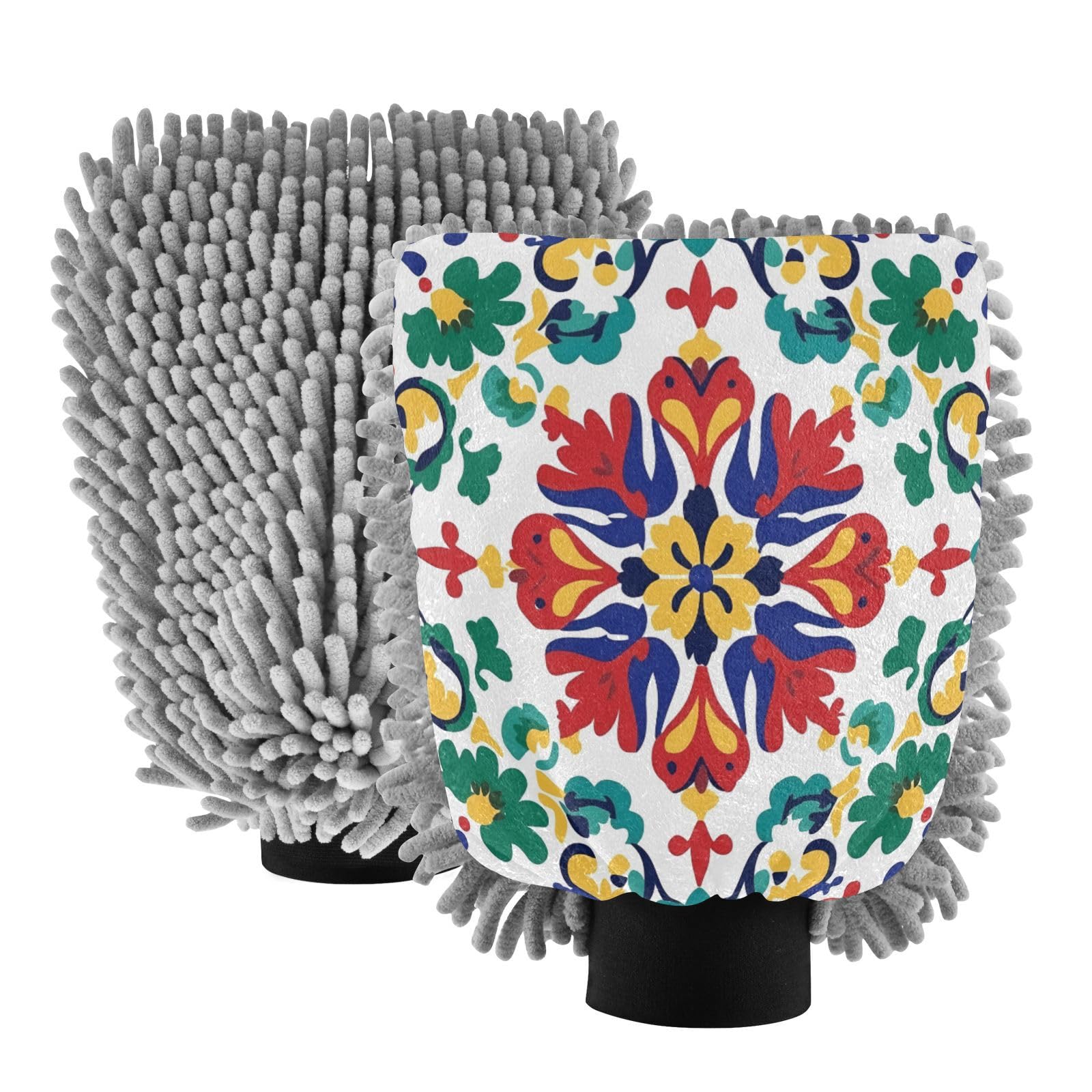 STAYTOP Mexican Style Retro Ceramic Tiles Car Wash Mitt Microfiber, 2Pcs Scratch Free Lint-Free, Premium Chenille Microfiber Mitt Car Wash Brush-M