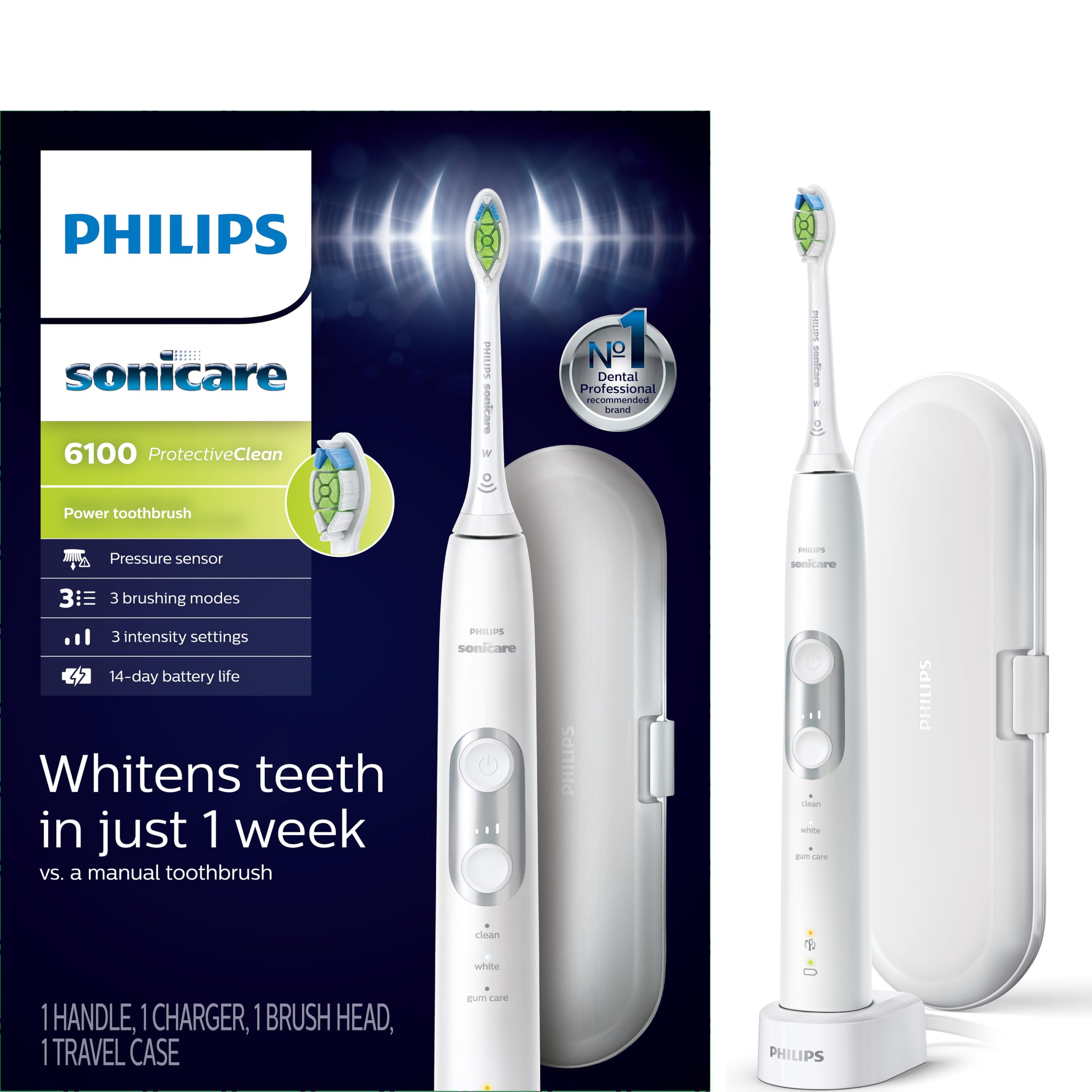 ProtectiveClean 6100 Rechargeable Electric Toothbrush, with Pressure Sensor, 3 Cleaning Modes, SmarTimer and QuadPacer, 14-Day Battery Life, Travel Case, White, Model HX6877/21