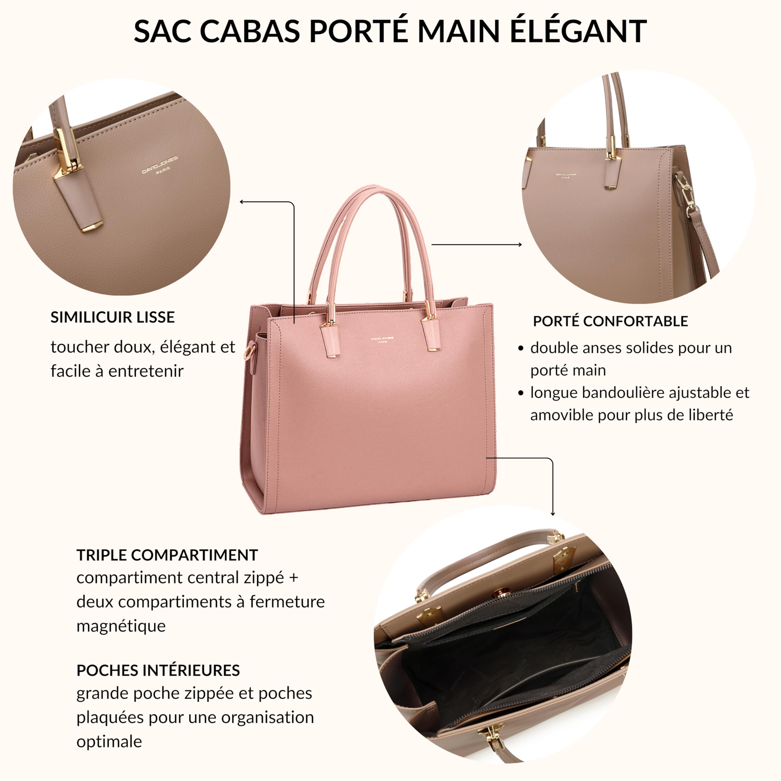 DAVID JONES Paris – Bolso de mano para mujer o ciudad, bolso de piel sintética talla grande, 3 compartimentos – Chic Elegante práctico