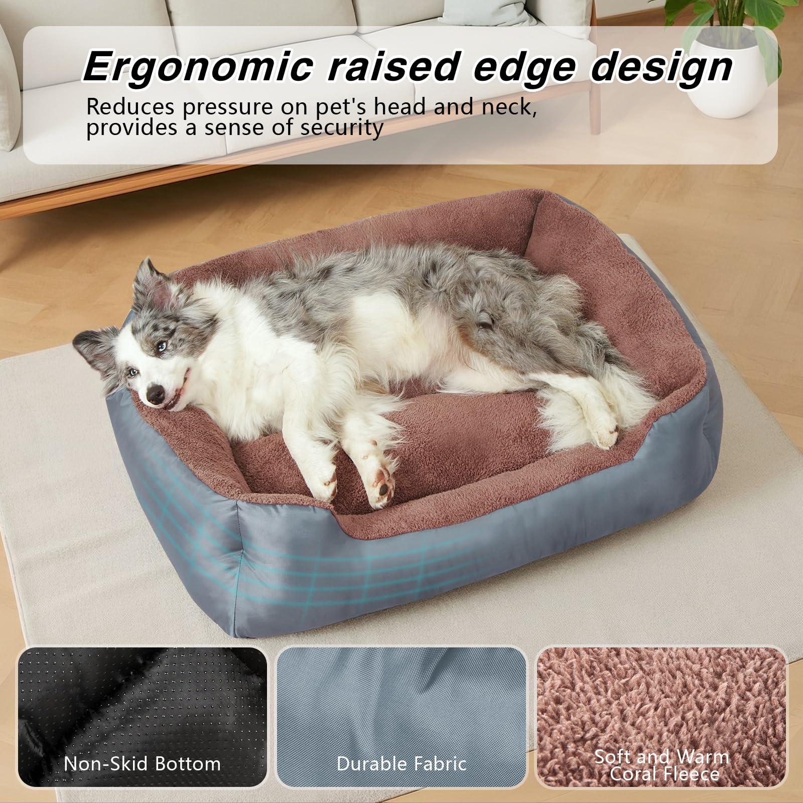 wrturisk Extra Large Dog Bed, Orthopedic Dog Bed with Sides, Washable Rectangle Calming Pet Bed with Nonskid Bottom, Grey - Image 4