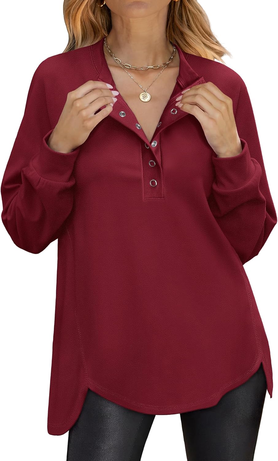 ANRABESS Women's Long Sleeve Henley Tops Tunic Sweatshirt Loose Slit Casual Button Shirts Pullover 2025 Fall Winter Outfits