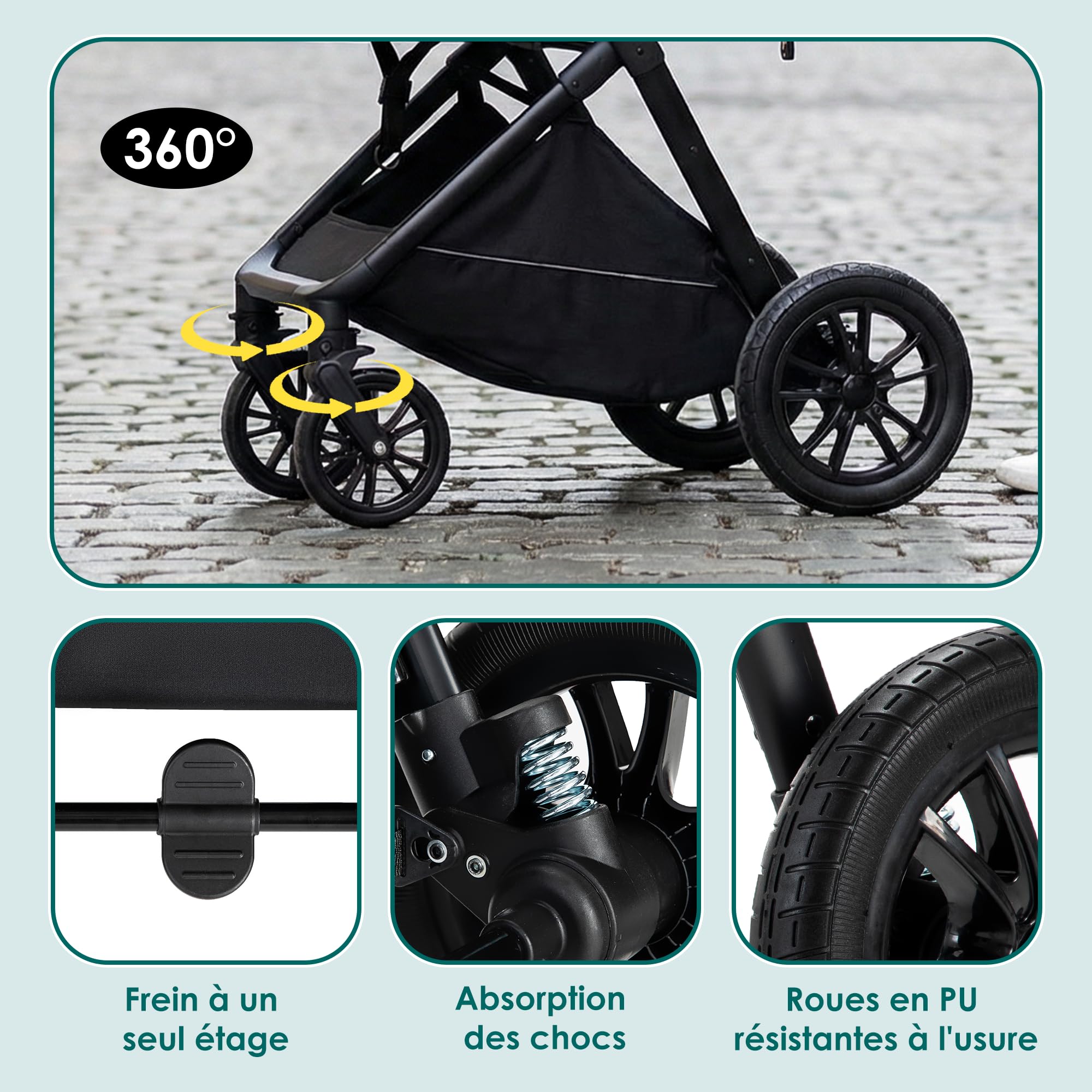 Poussette 3 en 1 Siège Auto Léger Bébé Pliable 0-36 Mois Kaki