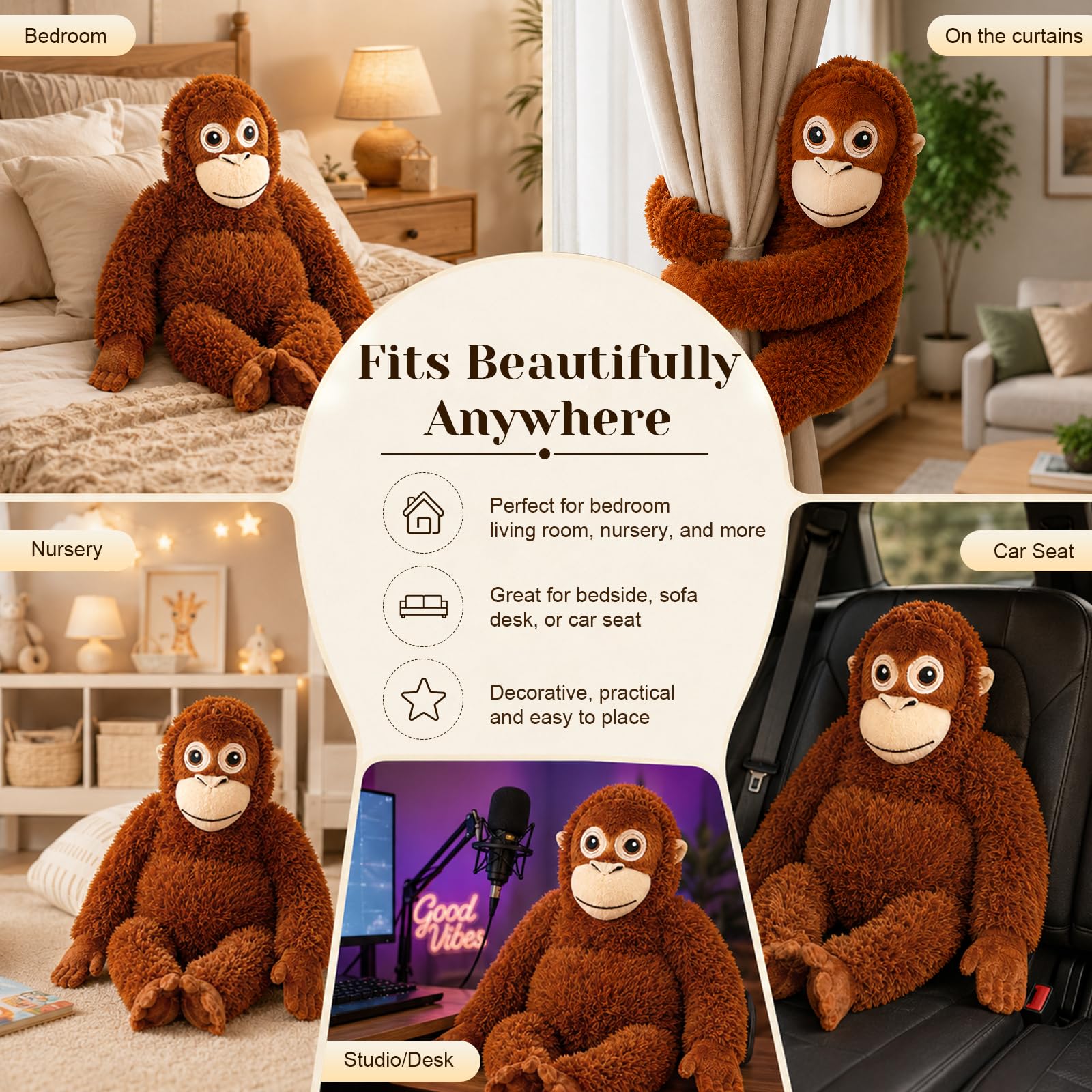 66 cm Punch Affe Plüsch-Affe Stofftier, weicher Orang-Utan-Plüsch mit Klettverschluss Händen und Füßen, umarmbare emotionale Unterstützung, Komfort, Begleiter, Plüschtier, Geschenk für Kinder