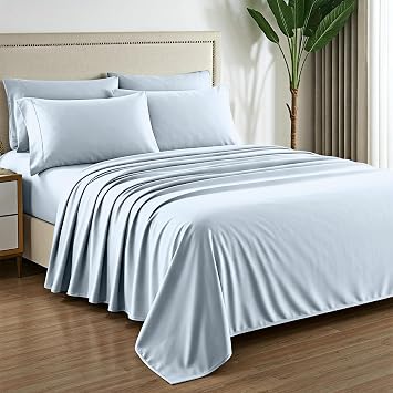 Mayfair Linen 100% Egyptian Cotton Sheets California King Size - Luxury 1000 Series Grandiose Collection Cal King Sheets 6 PC, Light Blue, 16" Deep Pocket Sateen Soft, Cooling Hotel Bed Sheet Set