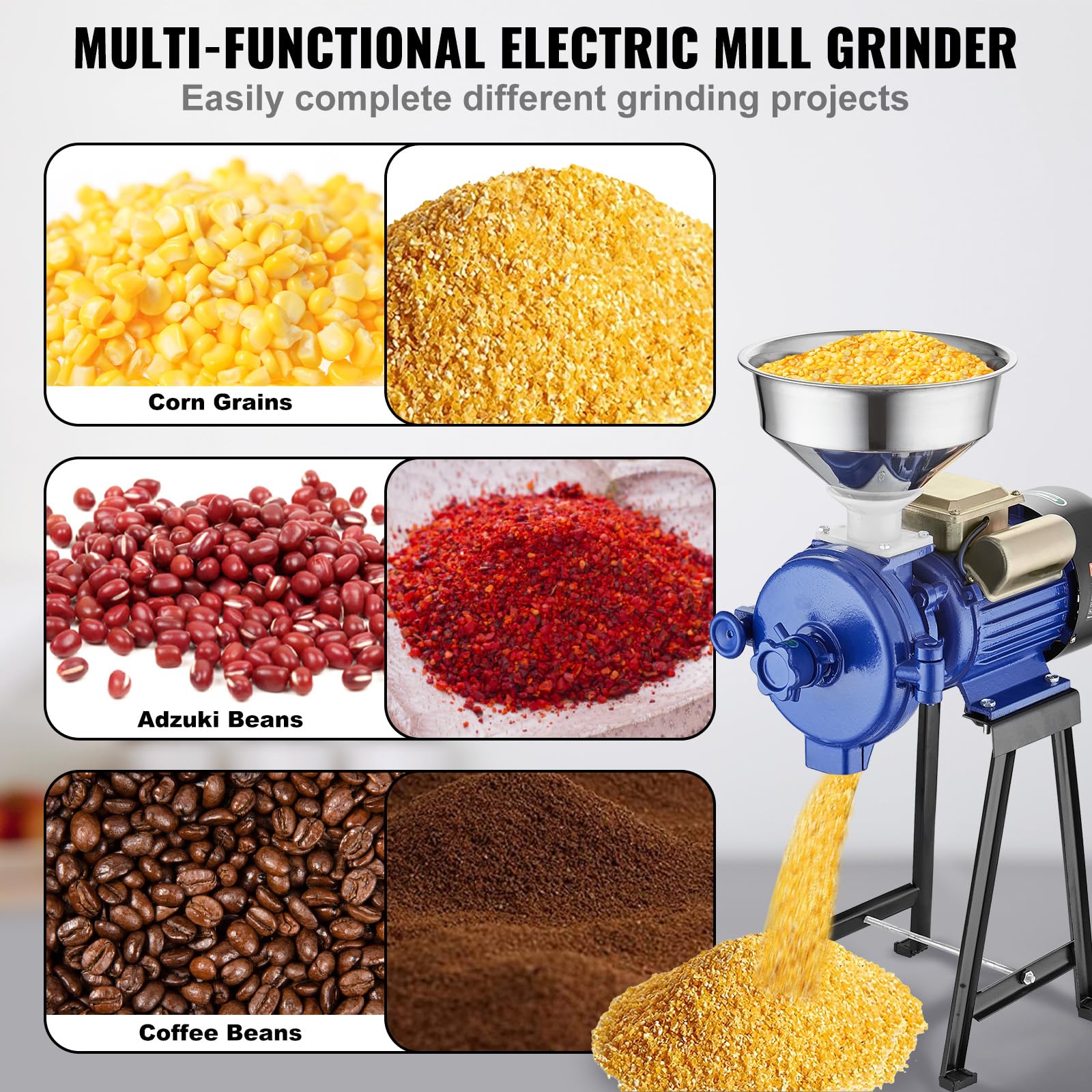 VEVOR Molinillo de Grano Eléctrico 3000 W Molinillo de Especias Comercial Molino de Harina de Trigo Seco Espesor Ajustable con Embudo para Moler Cereales Especias Hierbas Pimientos Maíz