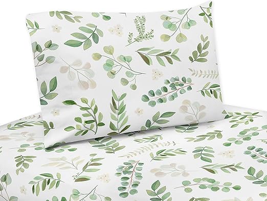 Sweet Jojo Designs Floral Leaf Queen Sheet Set - 4 Piece Set - Green and White Boho Watercolor Botanical Woodland Tropical Garden