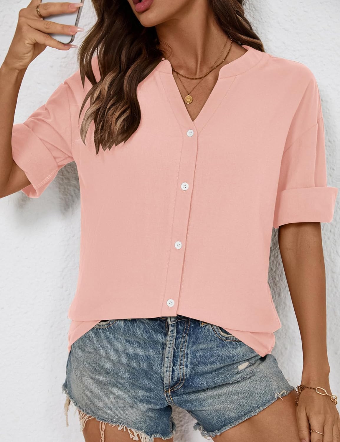 LOMON Womens 3/4 Sleeve Button Down Shirts Cotton Linen Roll Up Short Sleeve Tops V Neck Casual Loose Fit Blouses - Image 4