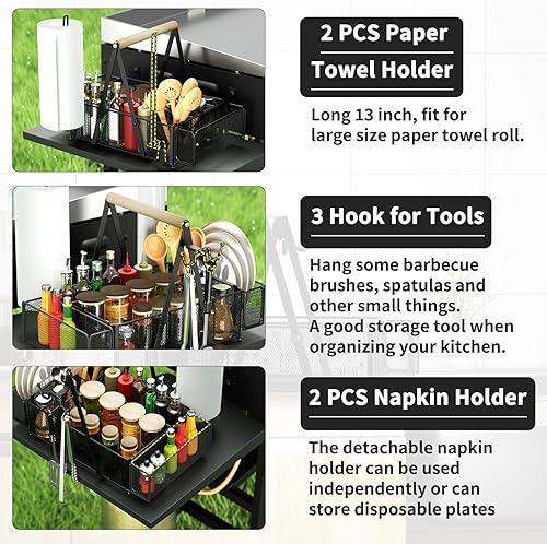 Miniatura 5 de OOKUU Organizador grande para parrilla, organizador de barbacoa con 2 soportes para toallas de papel, organizador de utensilios de condimentos de