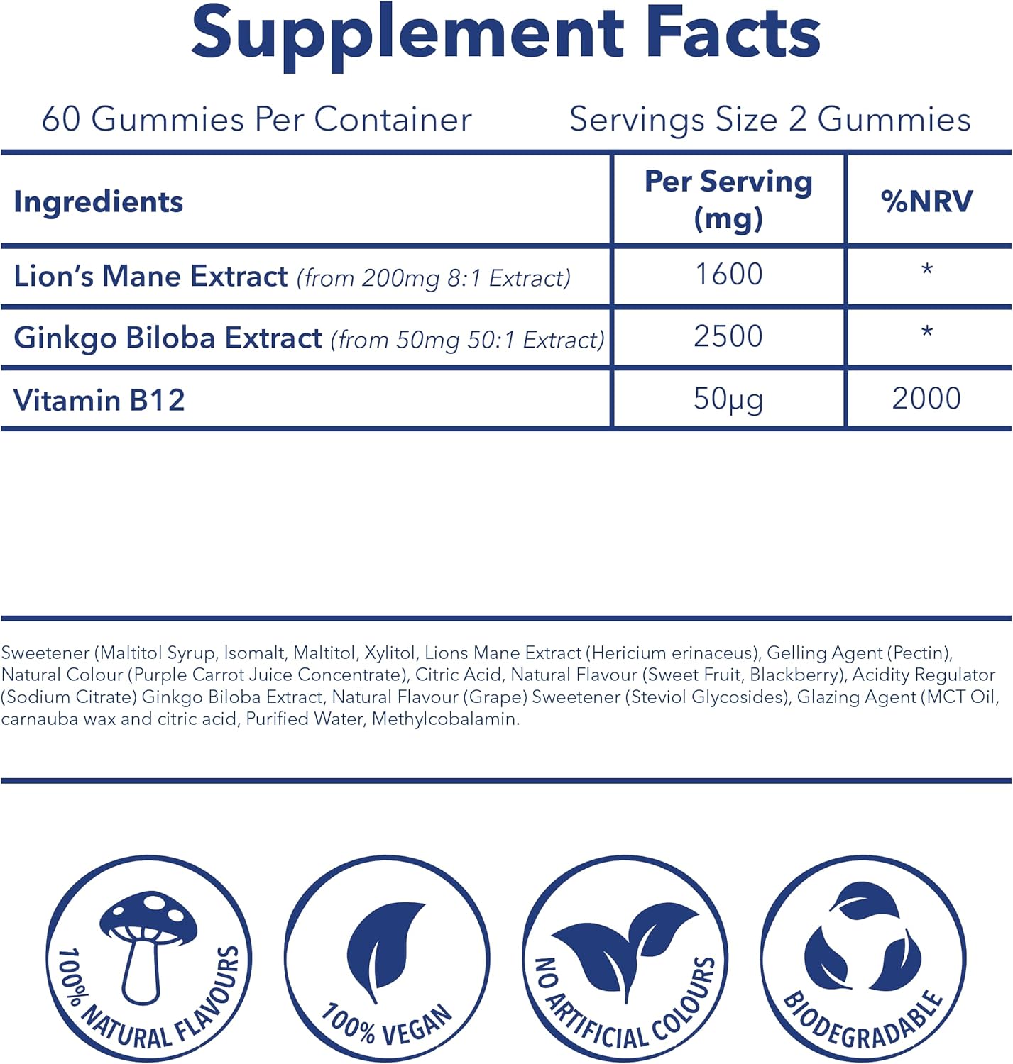 Moosh Mushroom Gummies – 60 Gummies (Reishi, Lions Mane, Chaga, Coryceps) Sugar Free, 100% Vegan (Focus – Lion’s Mane)