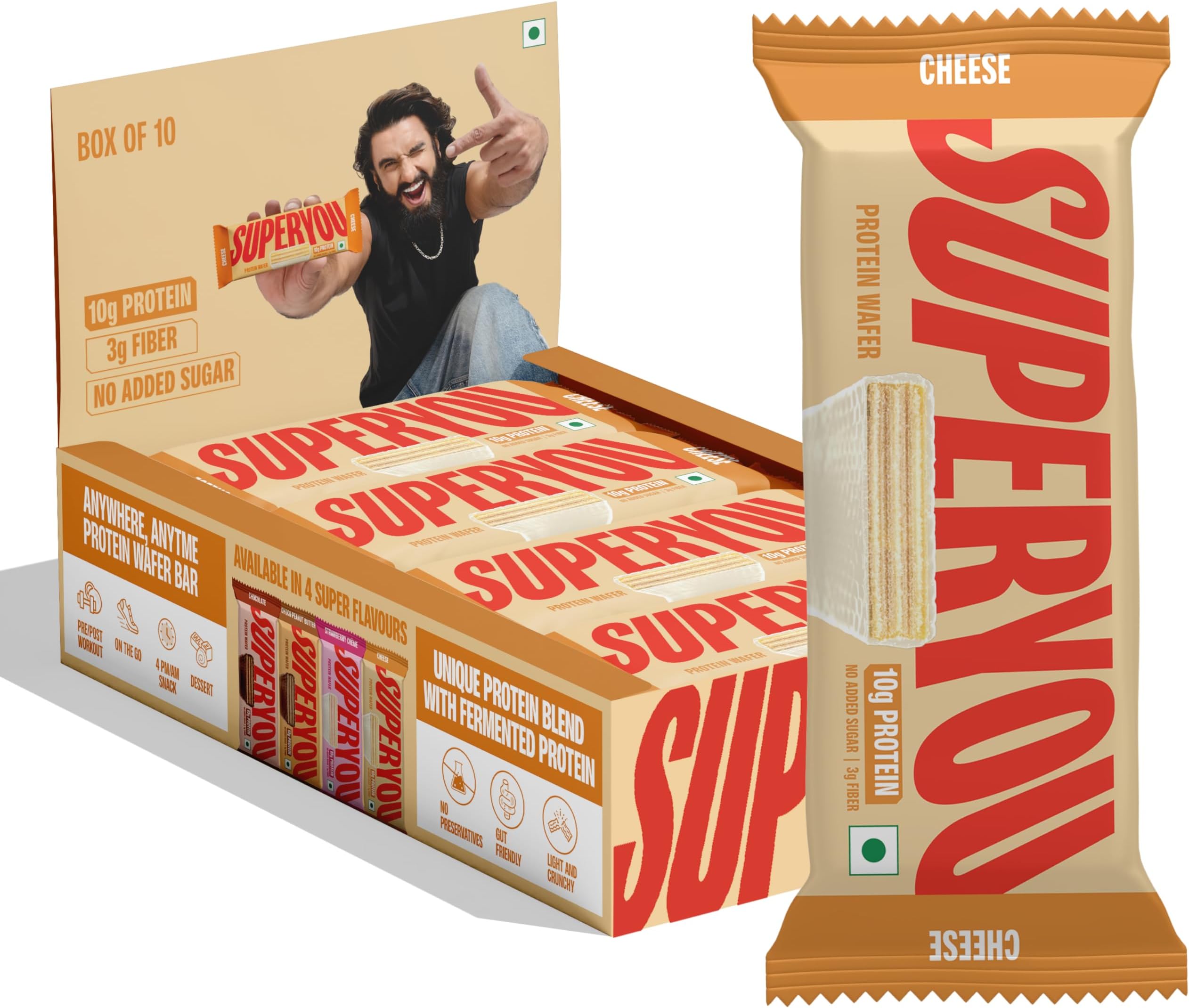 Cheese Protein Wafer Bars (Pack of 10)|10g Protein, 3g Fiber, No Added Sugar|Yeast Fermented Protein|Energy Bars|Crunchy Wafer Bar|100% Vegetarian|No Palm Oil|400g