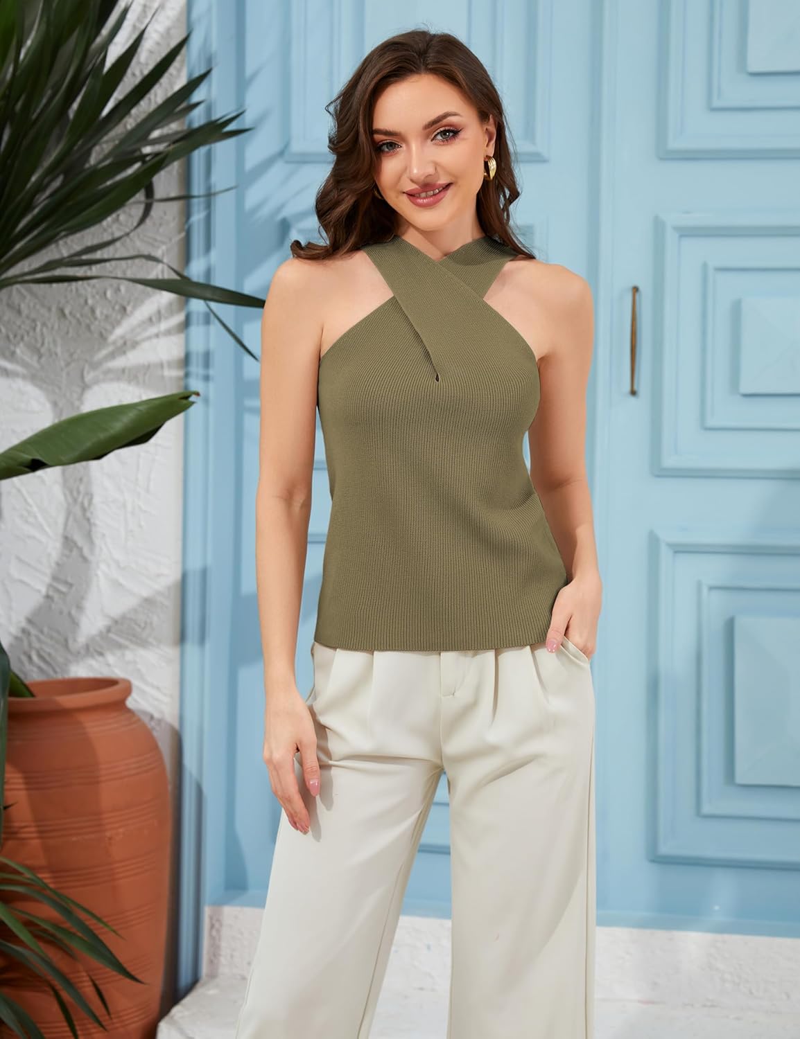 Yidarer Women Criss Cross Halter Tops Knit Over Collar Tank Sleeveless Flexible Beach Travel Daily Casual Vest - Image 5