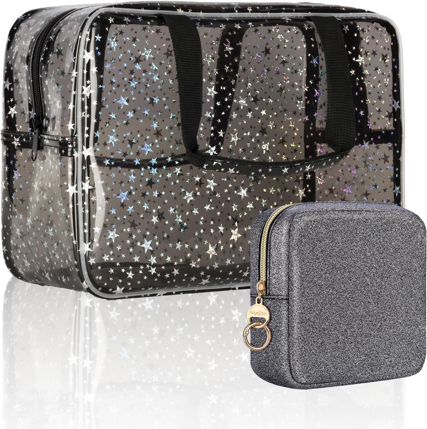 Clear Makeup Bags, Clear Travel Toiletry Bag with Extra Small Glitter Cosmetic Bag, Waterproof Essential Organizer Pouch for Sports Travel Beach (Stars-Black)