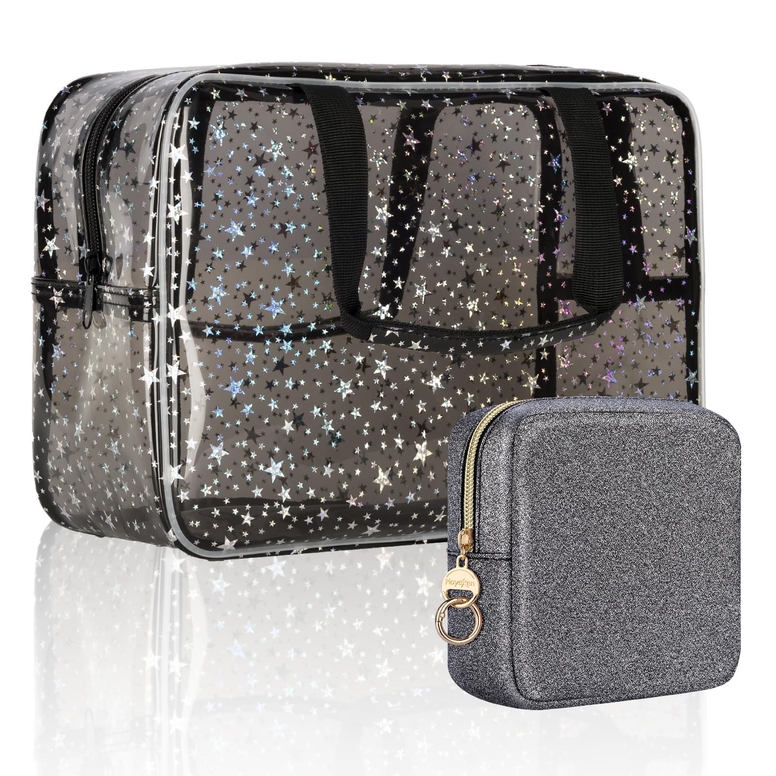 Playexen Clear Makeup Bags, Clear Travel Toiletry Bag with Extra Small Glitter Cosmetic Bag, Waterproof Essential Organizer Pouch for Sports Travel
