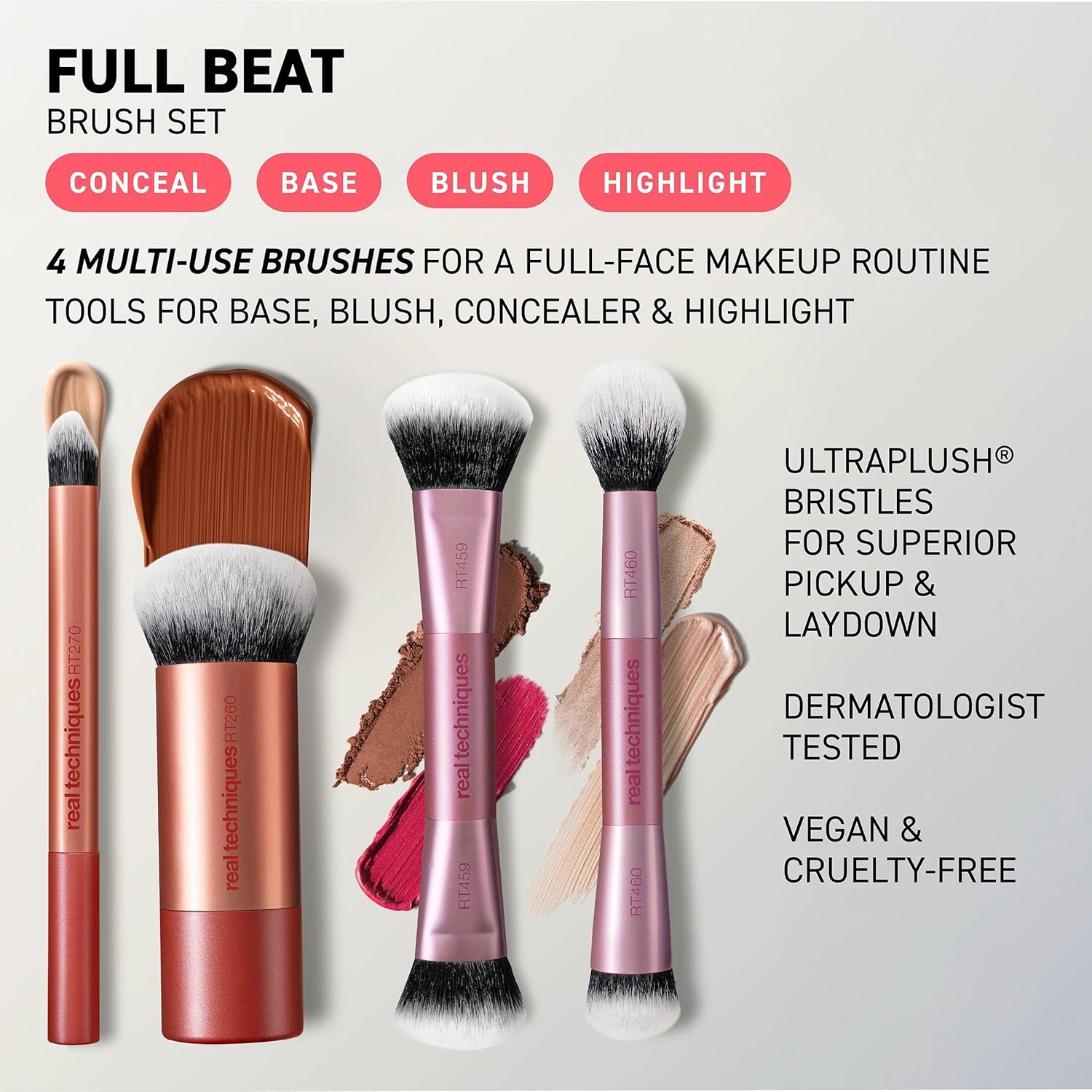 Real Techniques Full Beat Makeup Brush Set, 4 Piece Brush Kit for Foundation, Concealer, Blush, Contour, Highlight & Powder Blending, Travel Set, Soft UltraPlush Bristles, Cruelty-Free - Image 3