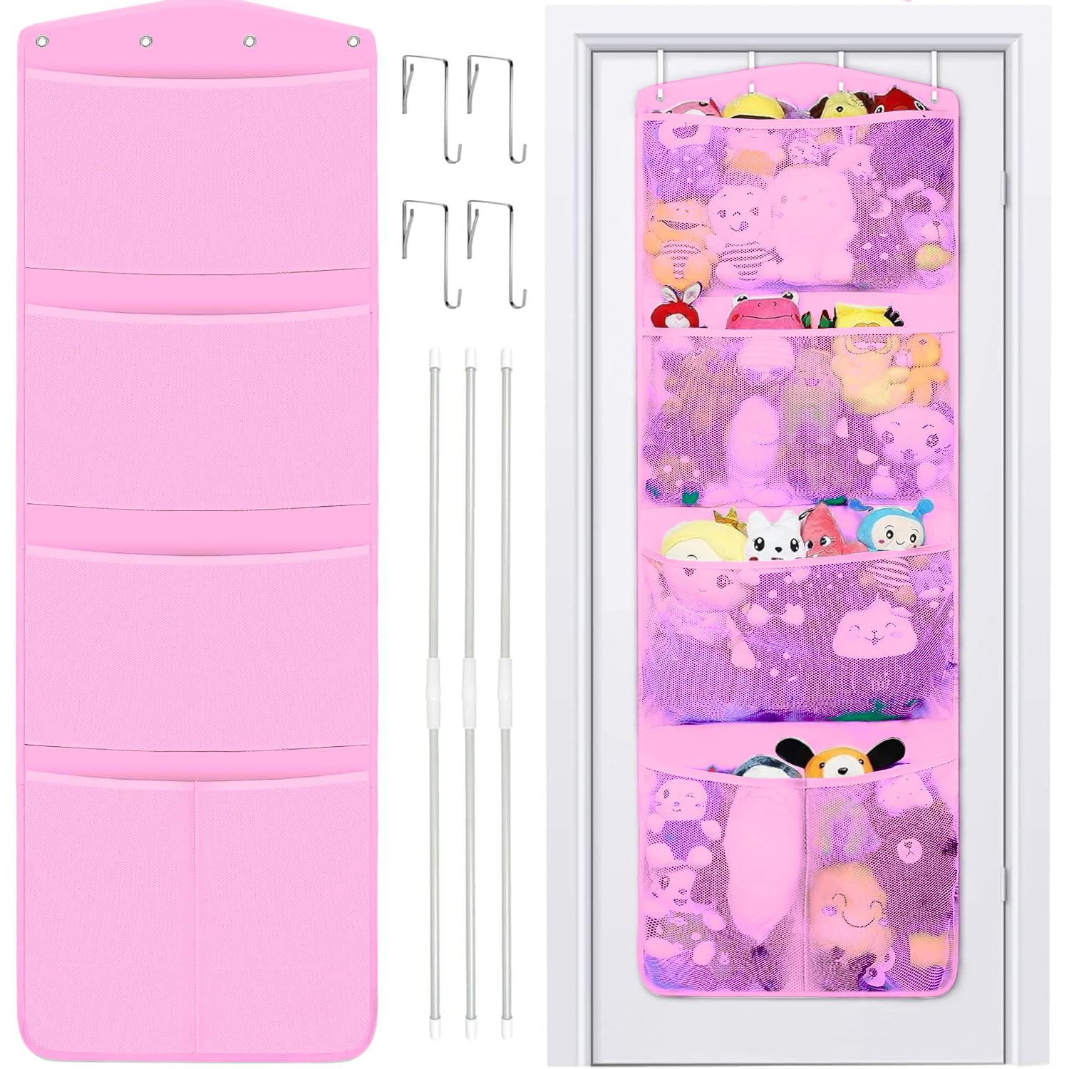 Rzmayis Pink Stuffed Animal Storage, With 3 Large Pockets And 2 Medium Pockets, Over The Door Organizer Storage For Closet, Baby, Plush Toy, Hanging Door Organizer For Nursery, Bedroom, Bathroom, Kids Room (Pink)