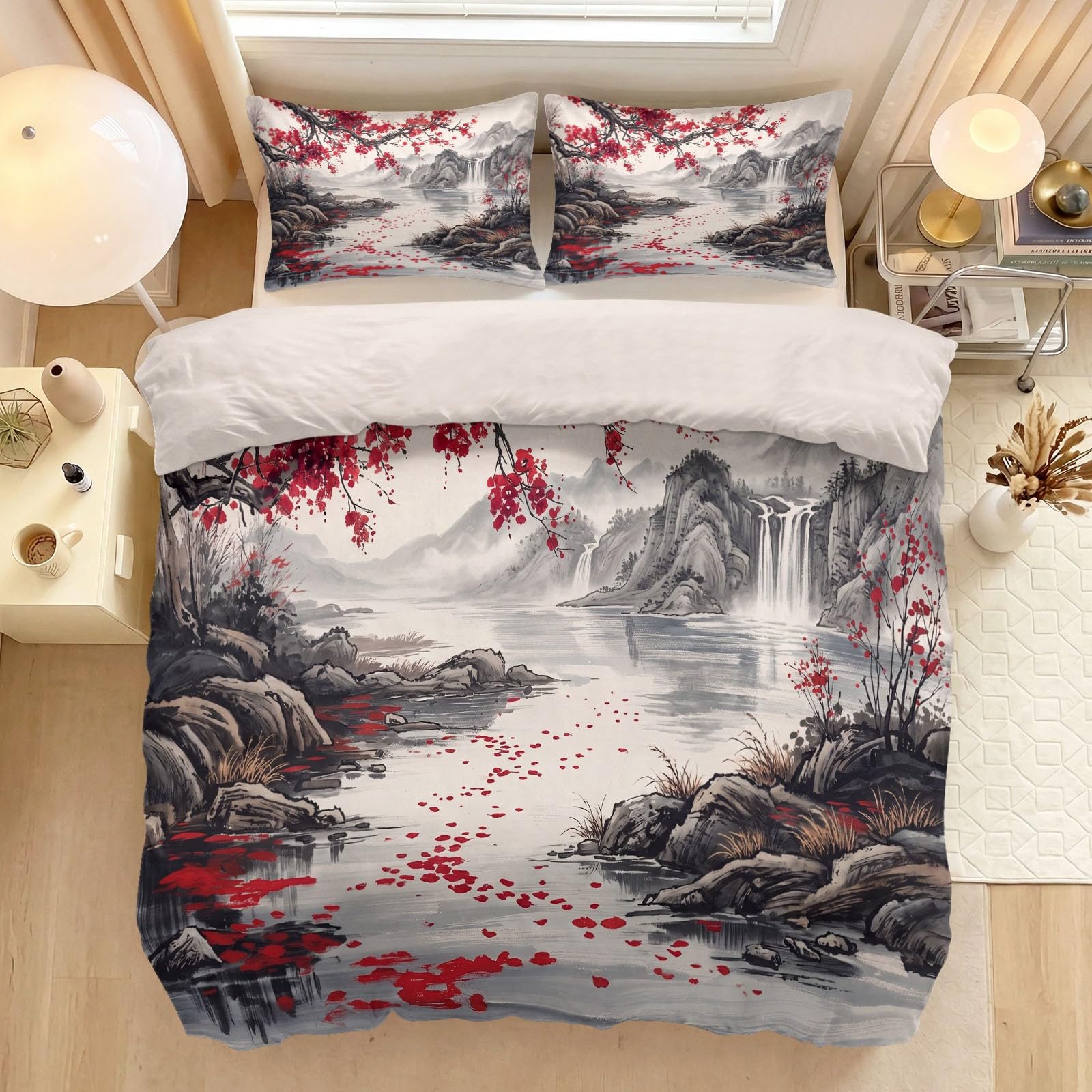 Housse de couette 200x200 cm style oriental blanc motif rivière
