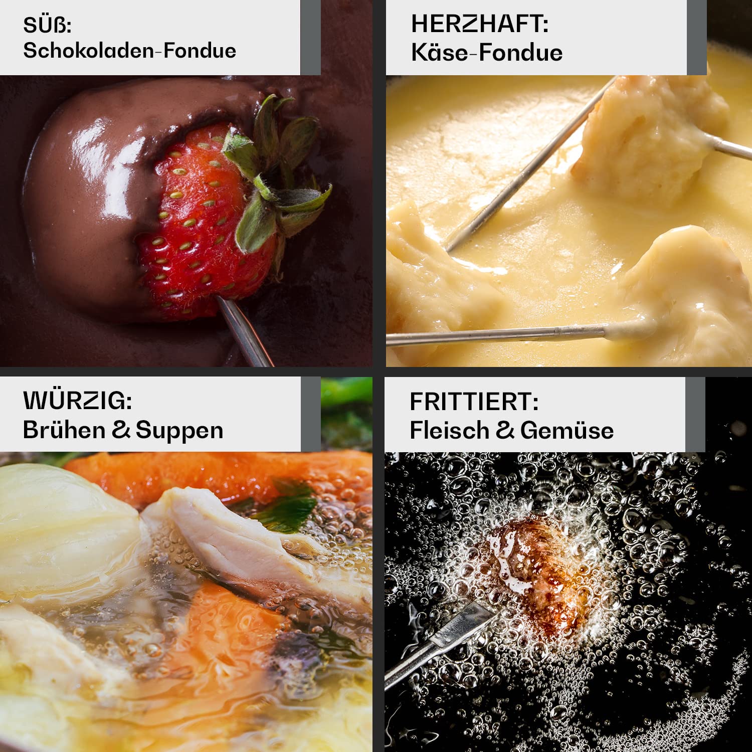 Fondueset inklusive 6 Fondue Gabeln | Käsefondue mit Stövchen 1,5L | Emailliertes Fondue für Fleisch geeignet | Gusseisen Fondue auch mit Brühe einsetzbar | Schokofondue Farbe: schwarz