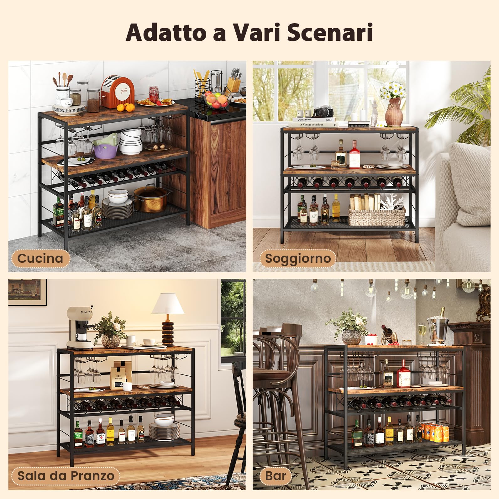 RELAX4LIFE Portabottiglie da Vino da 104 CM, Tavolo Bar per Vino con 4 Supporti per Bicchieri, Piano di Lavoro Ampio, Ripiani di Stoccaggio, Supporto per Bottiglie da Vino per Cucina, Soggiorno